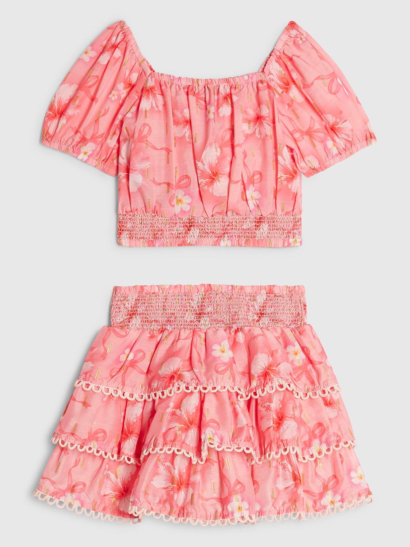Image 2 of 4 of River Island Mini Girls Hibiscus Bow Skirt Set - Pink