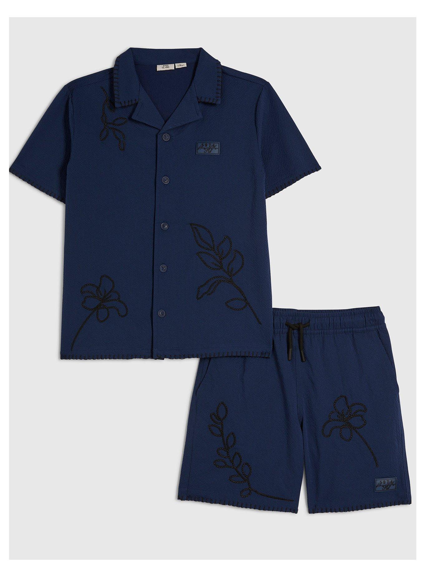 River Island Older Boys Embroidered Floral Swim Set - Navy