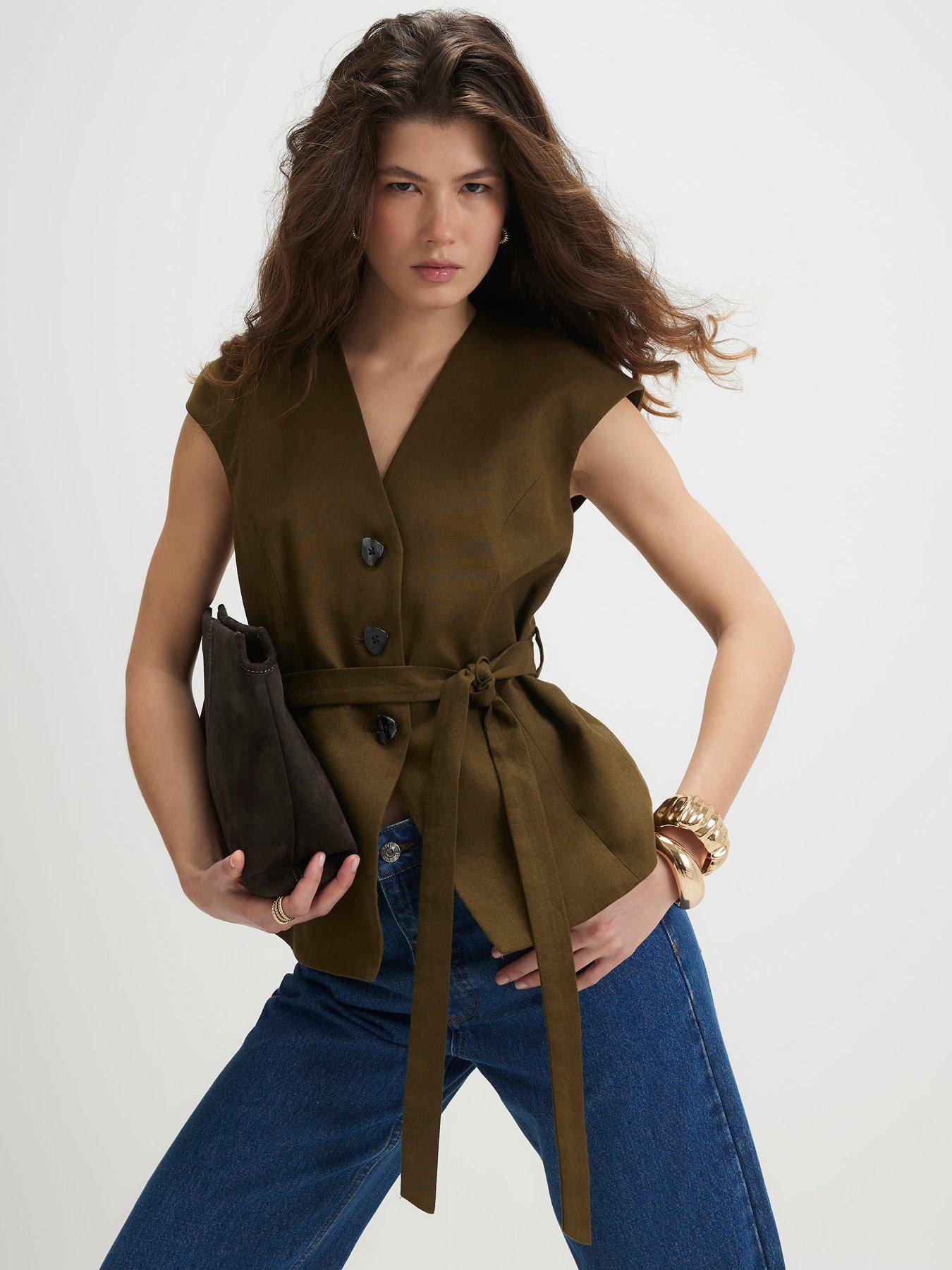 Image 1 of 6 of River Island Short Sleeve Linen Tie Waist Top - Green