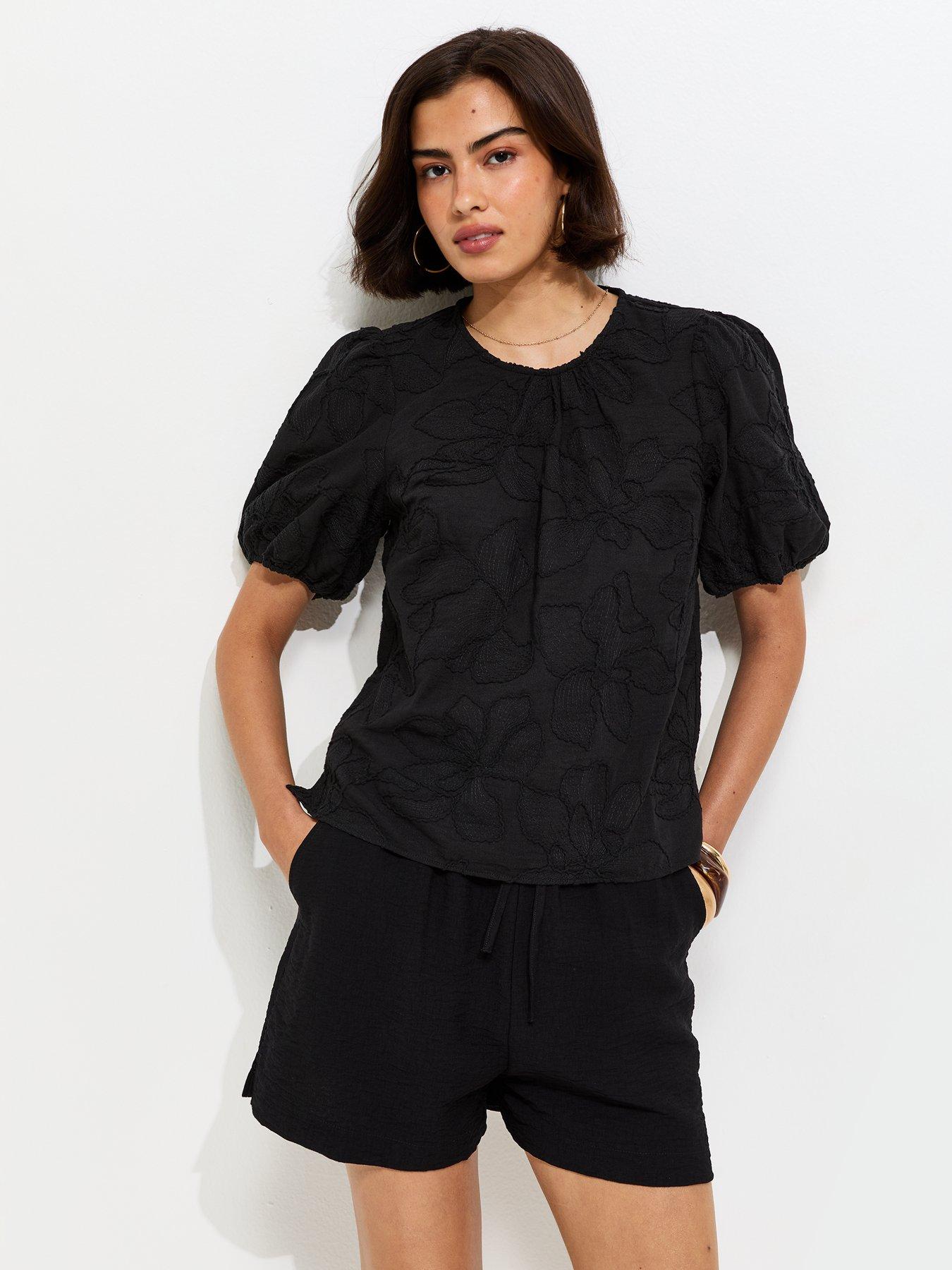 New Look Floral Embroidered Puff Sleeve T-Shirt - Black
