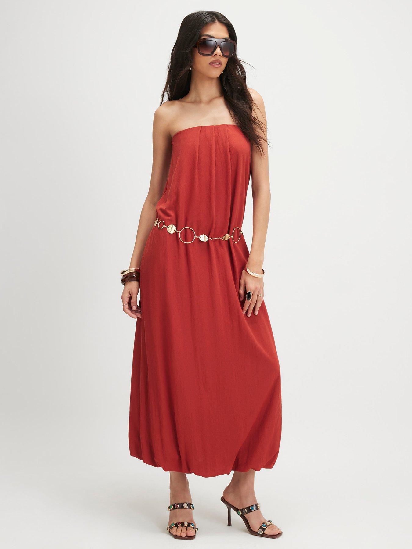 River Island Short Linen Bandeau Maxi Dress - Orange in Rust