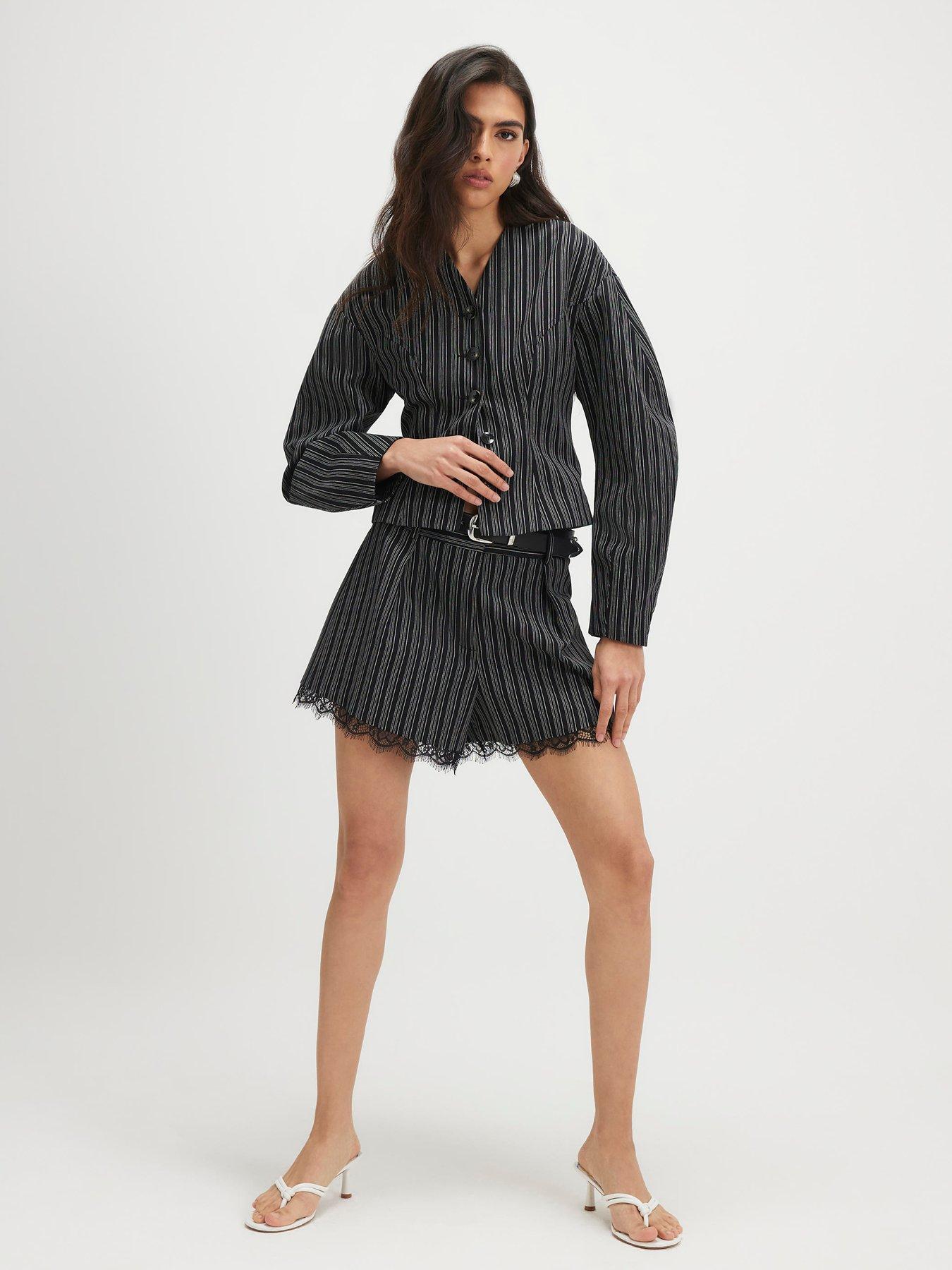 River Island Pinstripe Lace Trim Belted Co-ord Short - Black