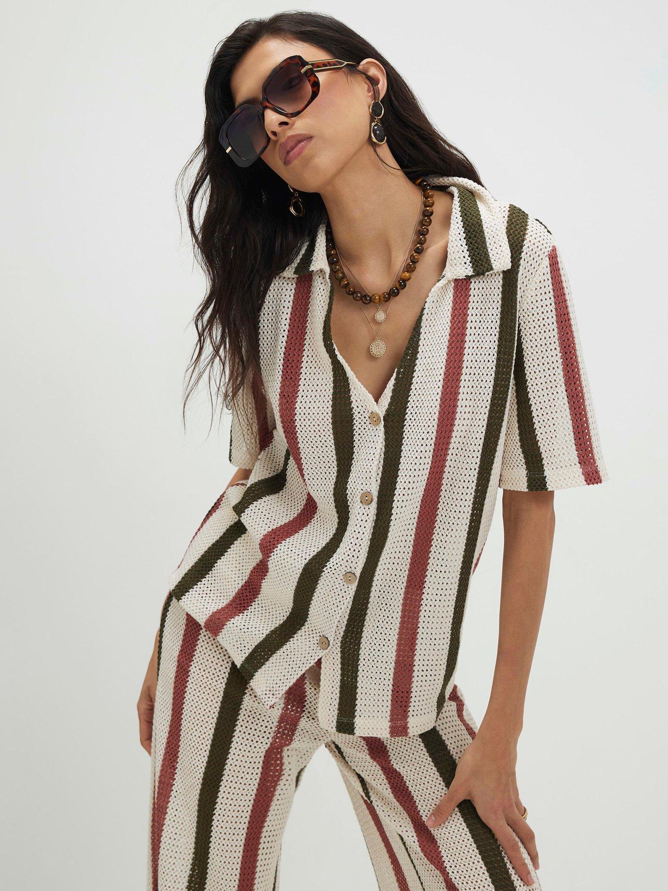 Image 1 of 5 of River Island Cream Ss Crochet Stripe Shirt Co-ord