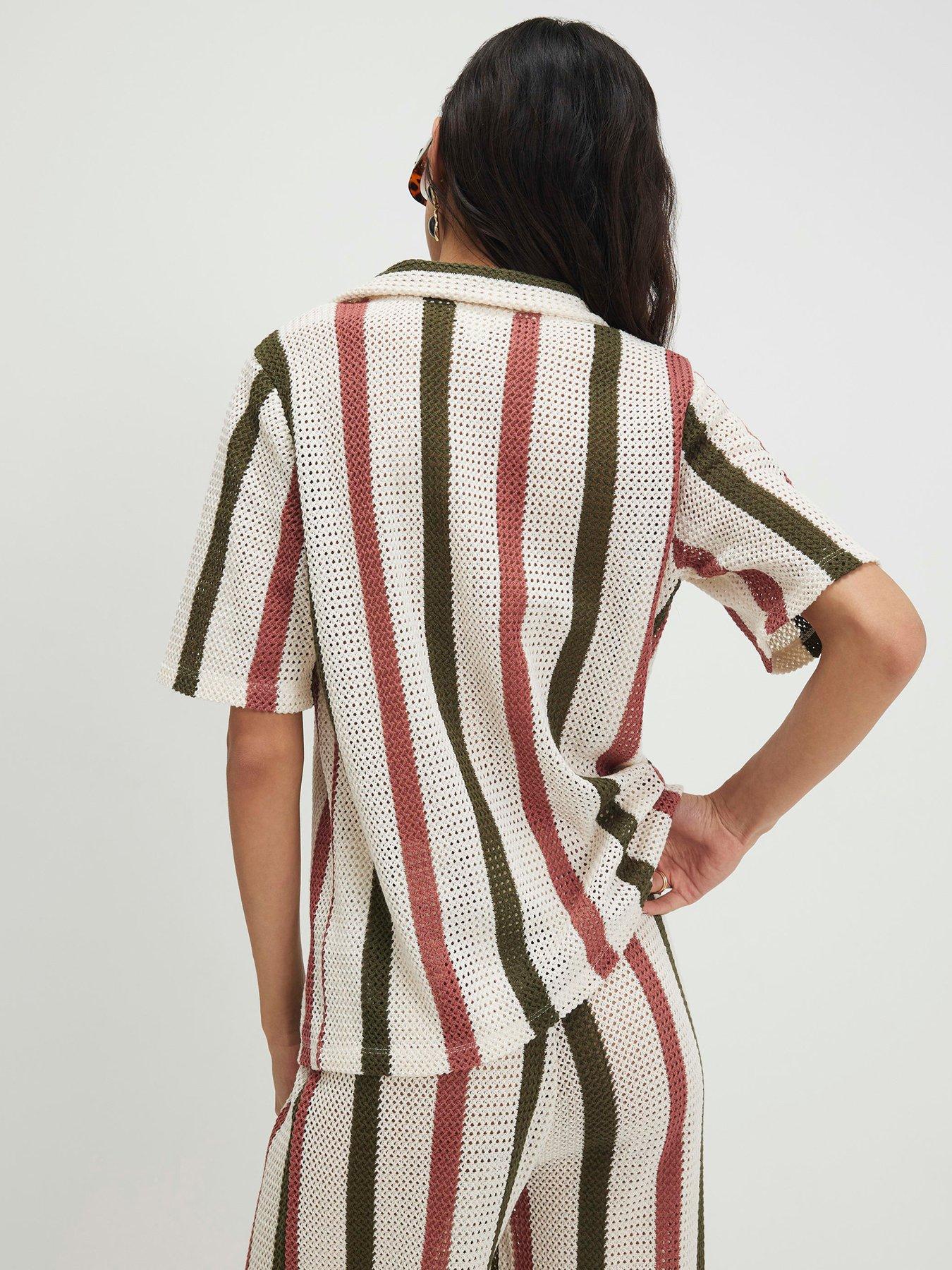 Image 2 of 5 of River Island Cream Ss Crochet Stripe Shirt Co-ord