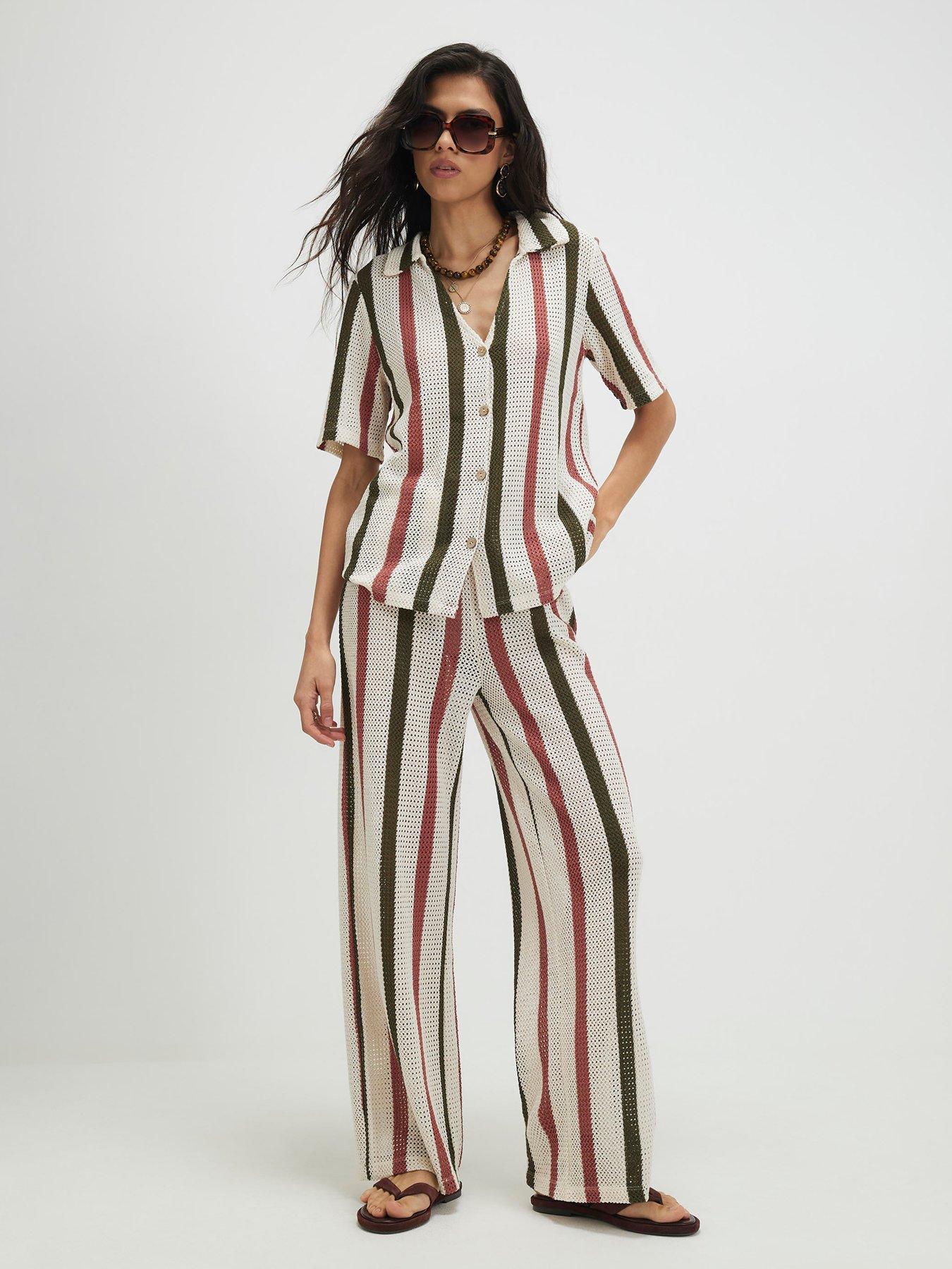 Image 3 of 5 of River Island Cream Ss Crochet Stripe Shirt Co-ord