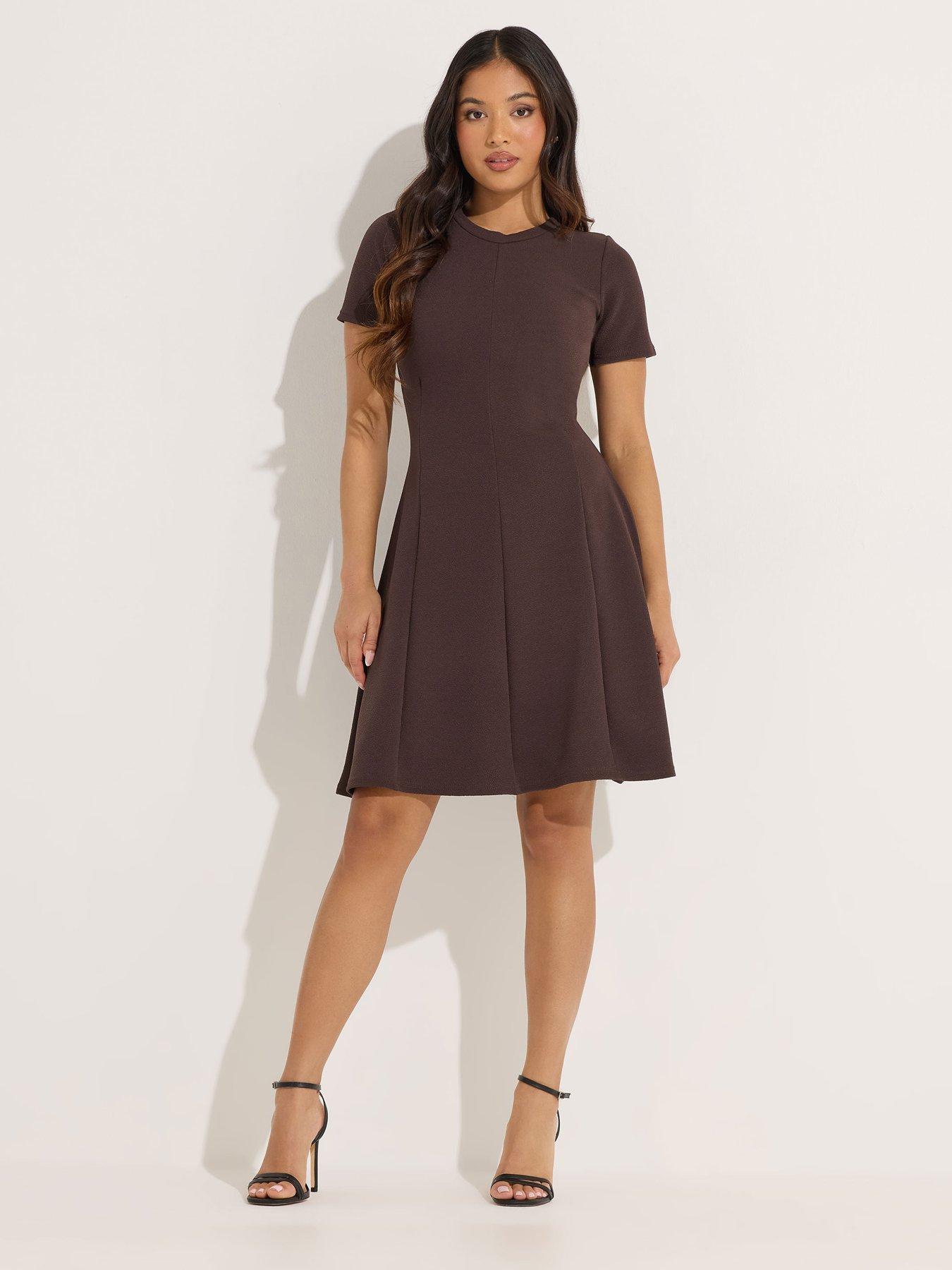 Image 1 of 5 of PixieGirl Petite Waist Textured Dress - Brown