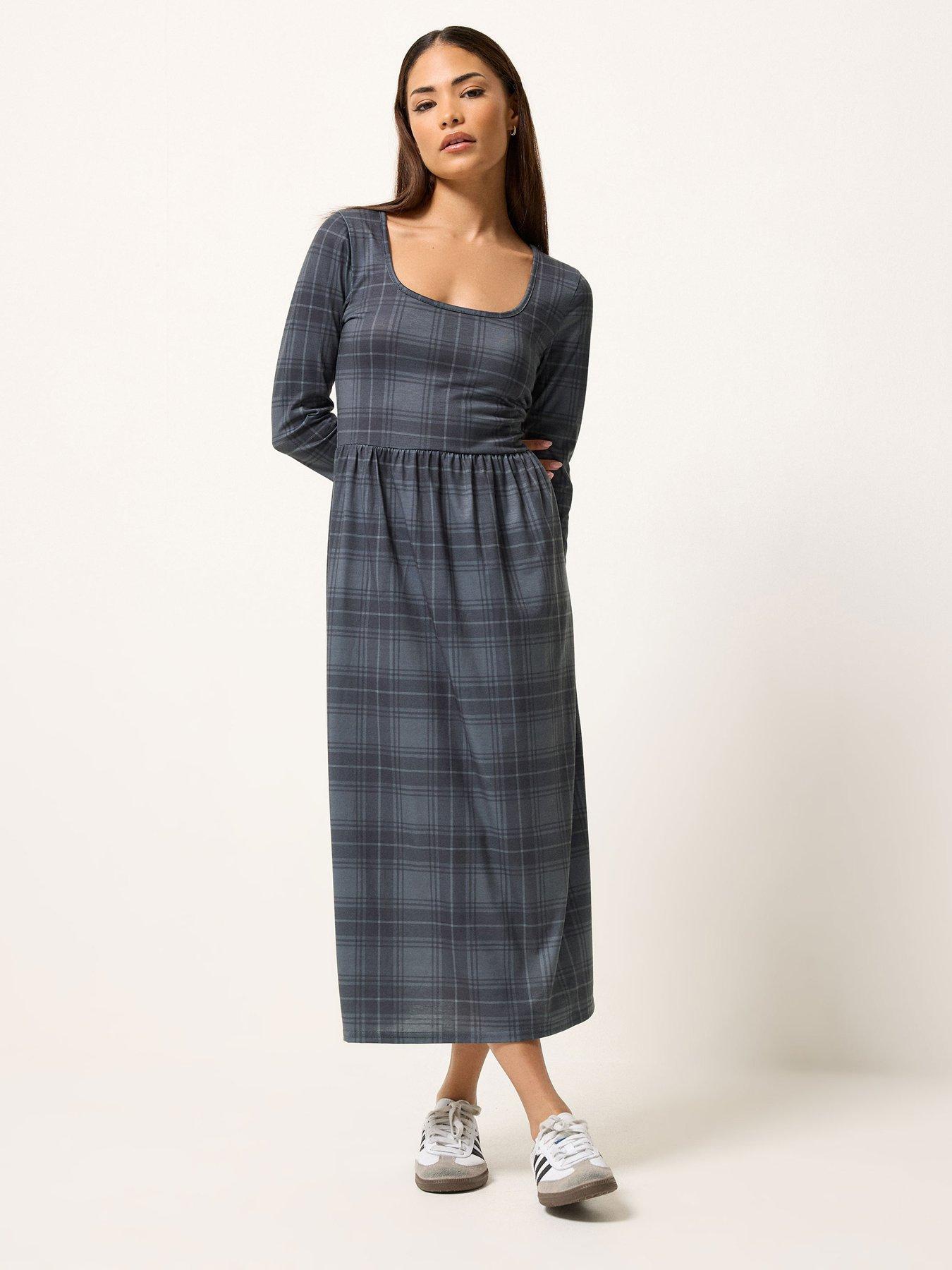 Image 1 of 5 of PixieGirl Petite Long Sleeve Check Midaxi Dress