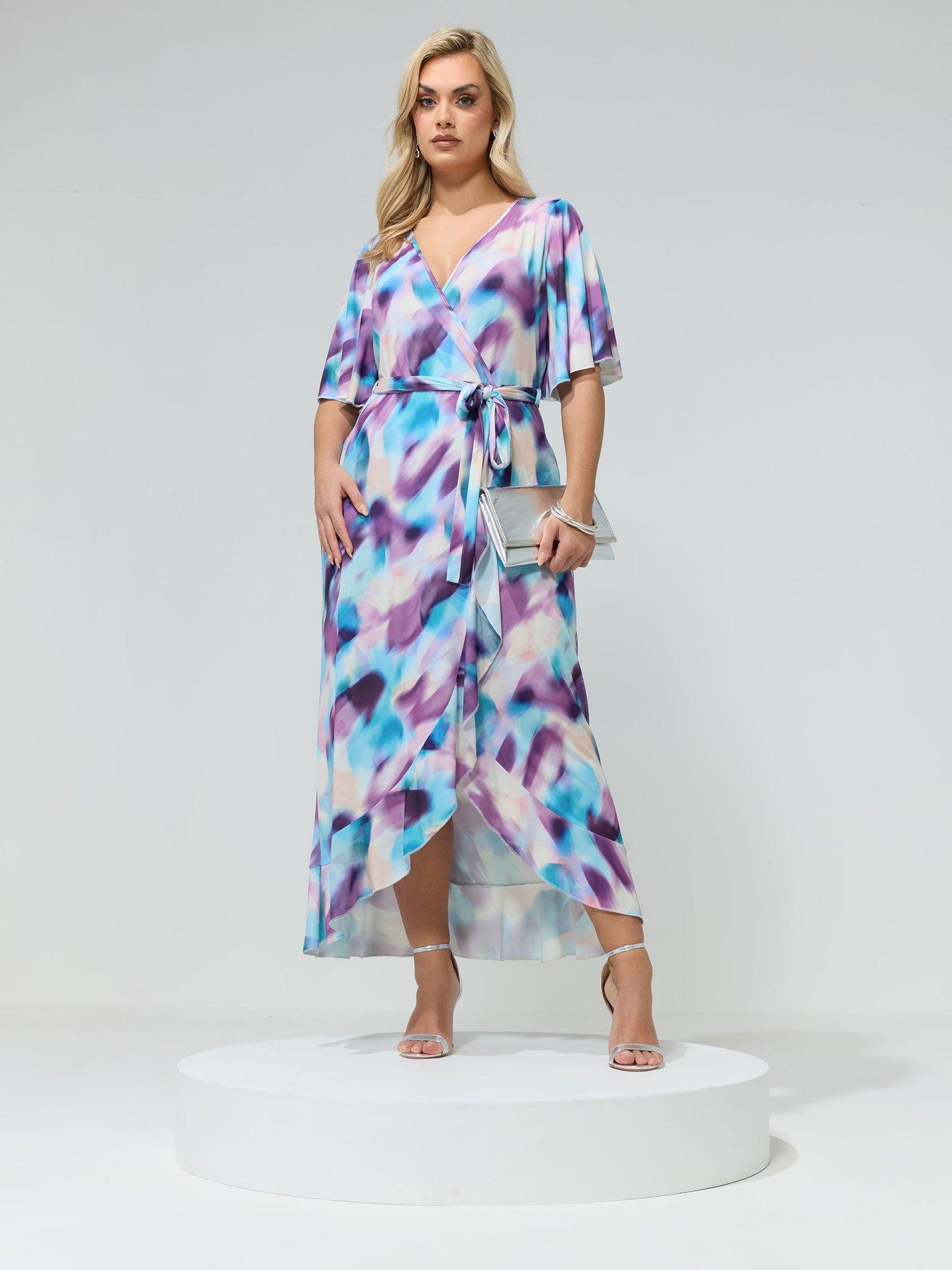 Image 3 of 5 of Yours Curve Blur Wrap Ruffle Dress - Purple