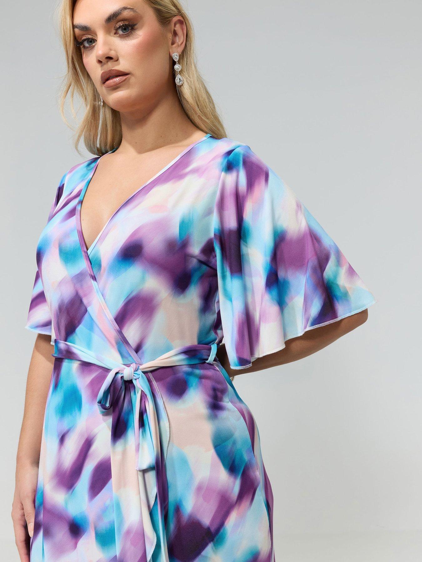 Image 4 of 5 of Yours Curve Blur Wrap Ruffle Dress - Purple