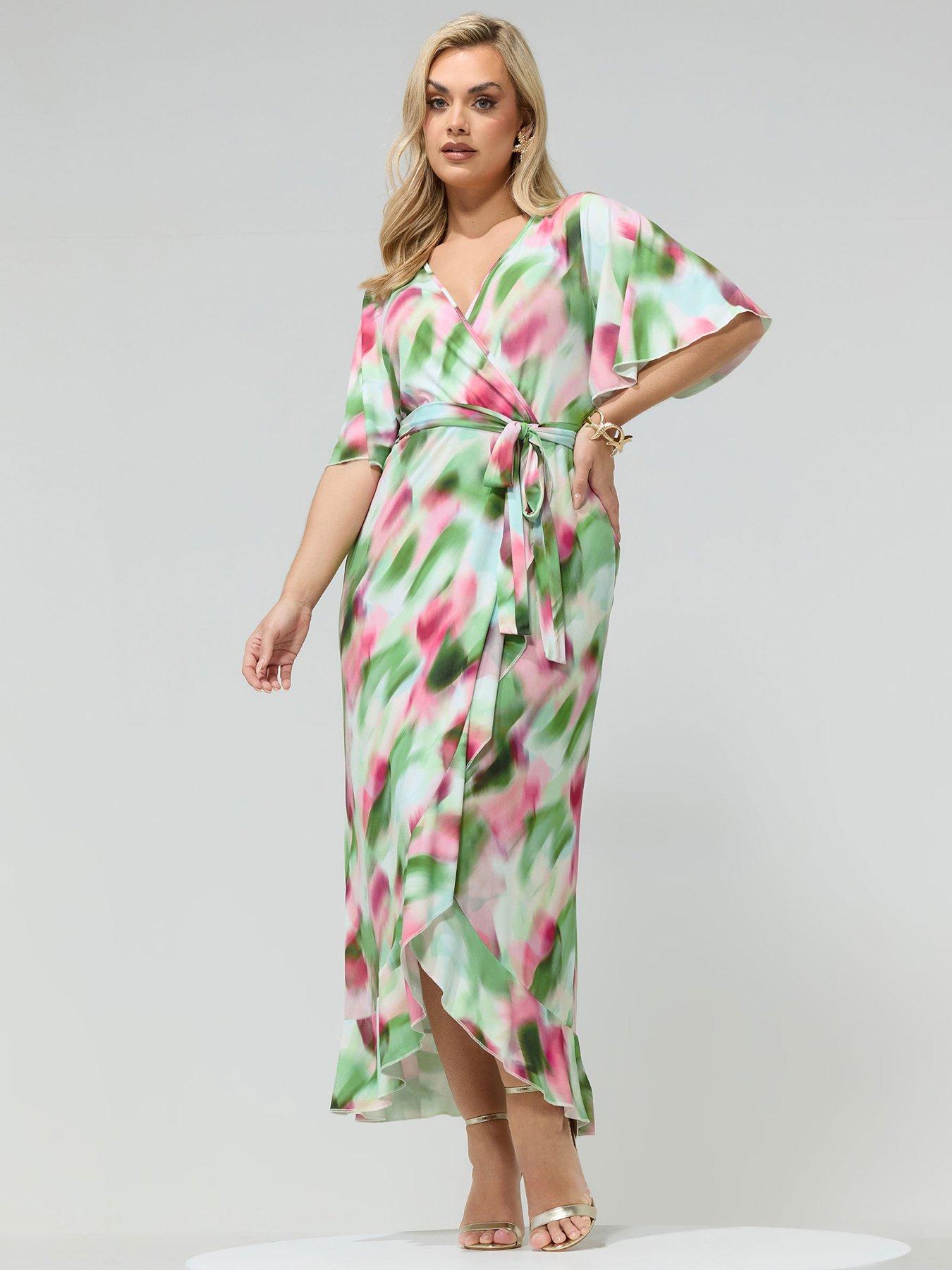 Image 1 of 5 of Yours Curve Blur Wrap Ruffle Dress