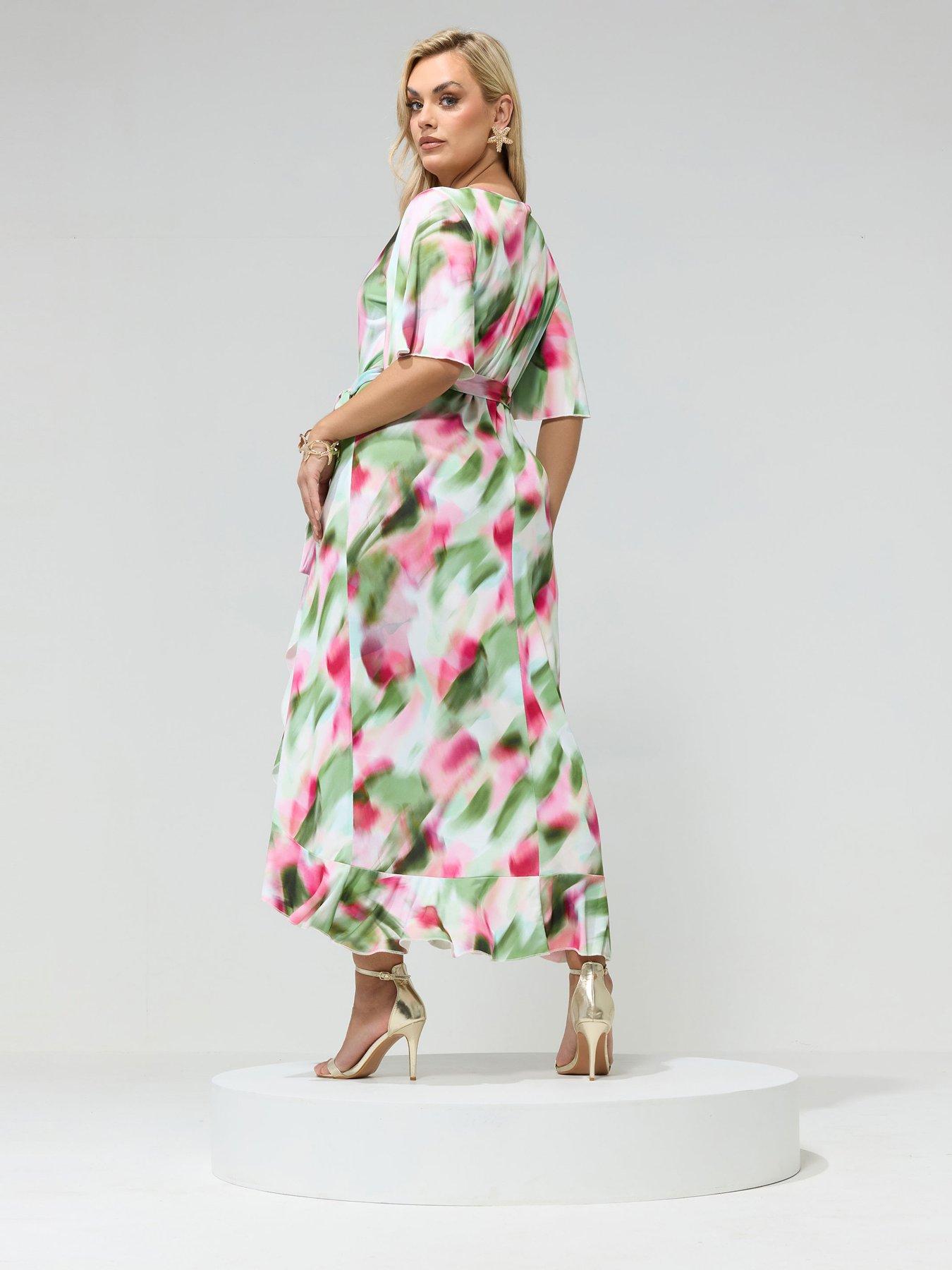 yours-curve-blur-wrap-ruffle-dress-greenstillFront