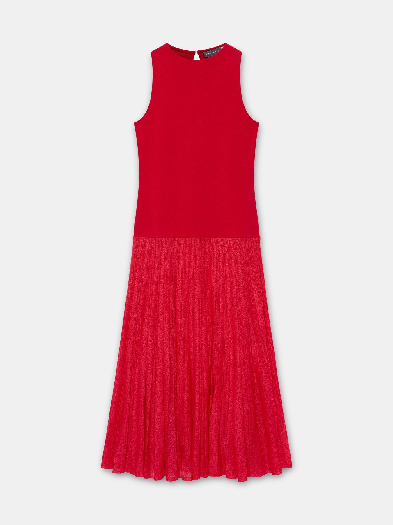 Image 5 of 6 of Mint Velvet Knit Sheer Hem Dress - Red