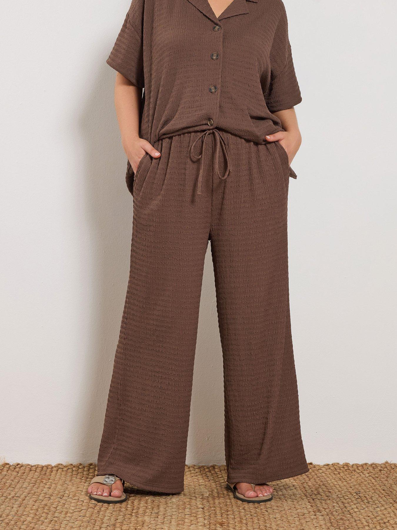 Image 1 of 5 of Yours Curve Wide Leg Textured Trousers - Brown