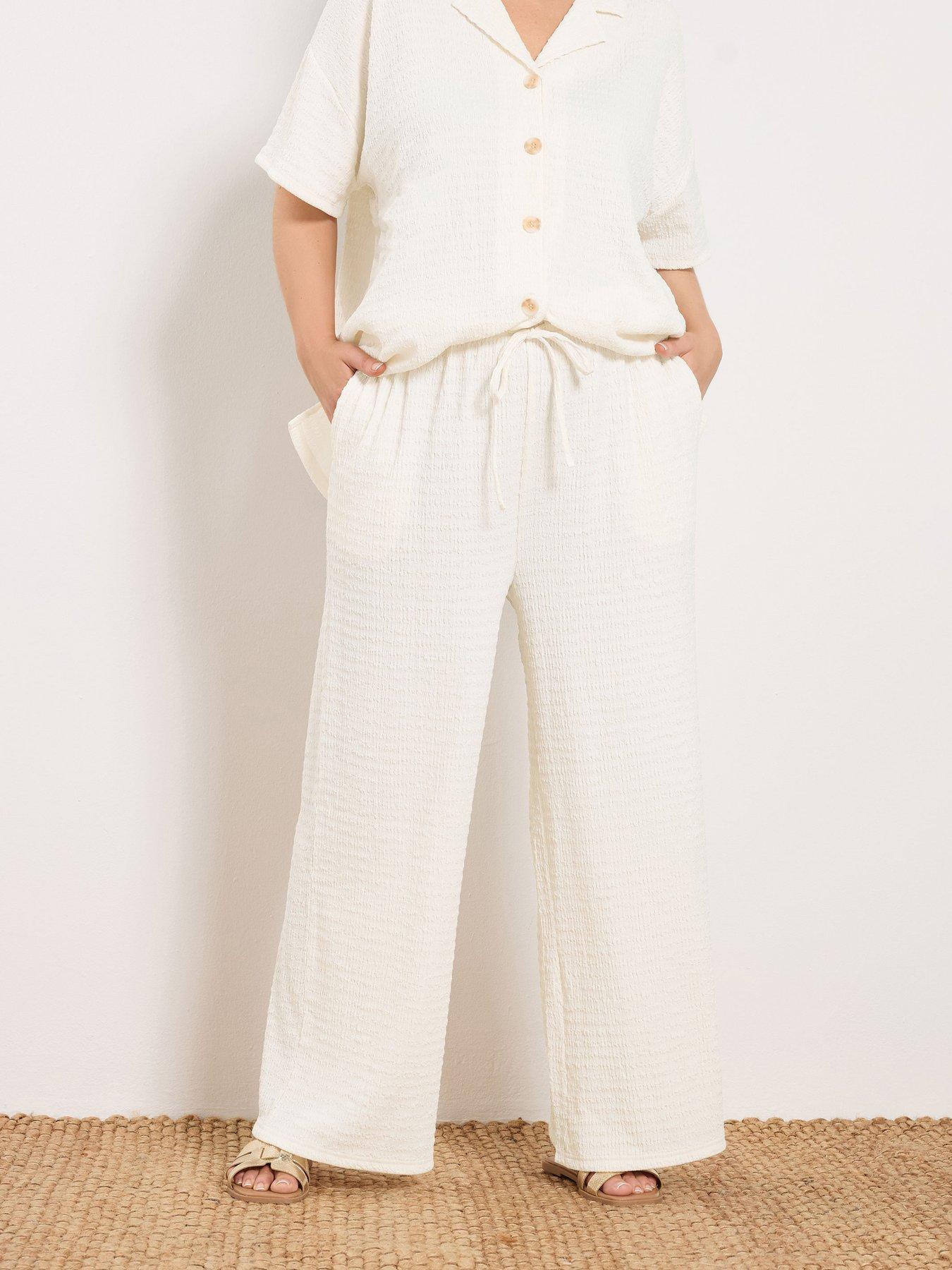 Image 1 of 4 of Yours Curve Wide Leg Textured Trousers - Cream