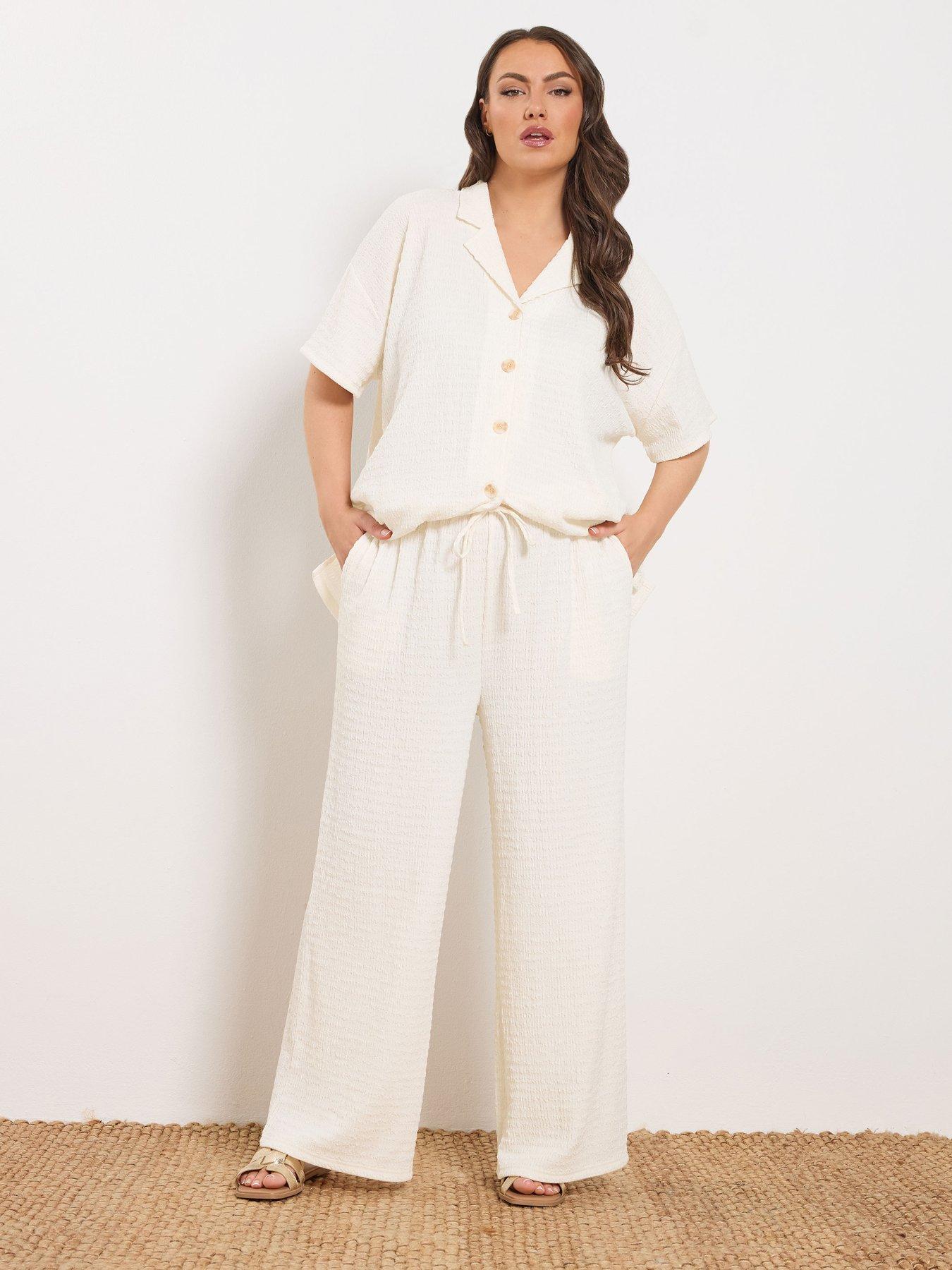 Image 3 of 4 of Yours Curve Wide Leg Textured Trousers - Cream