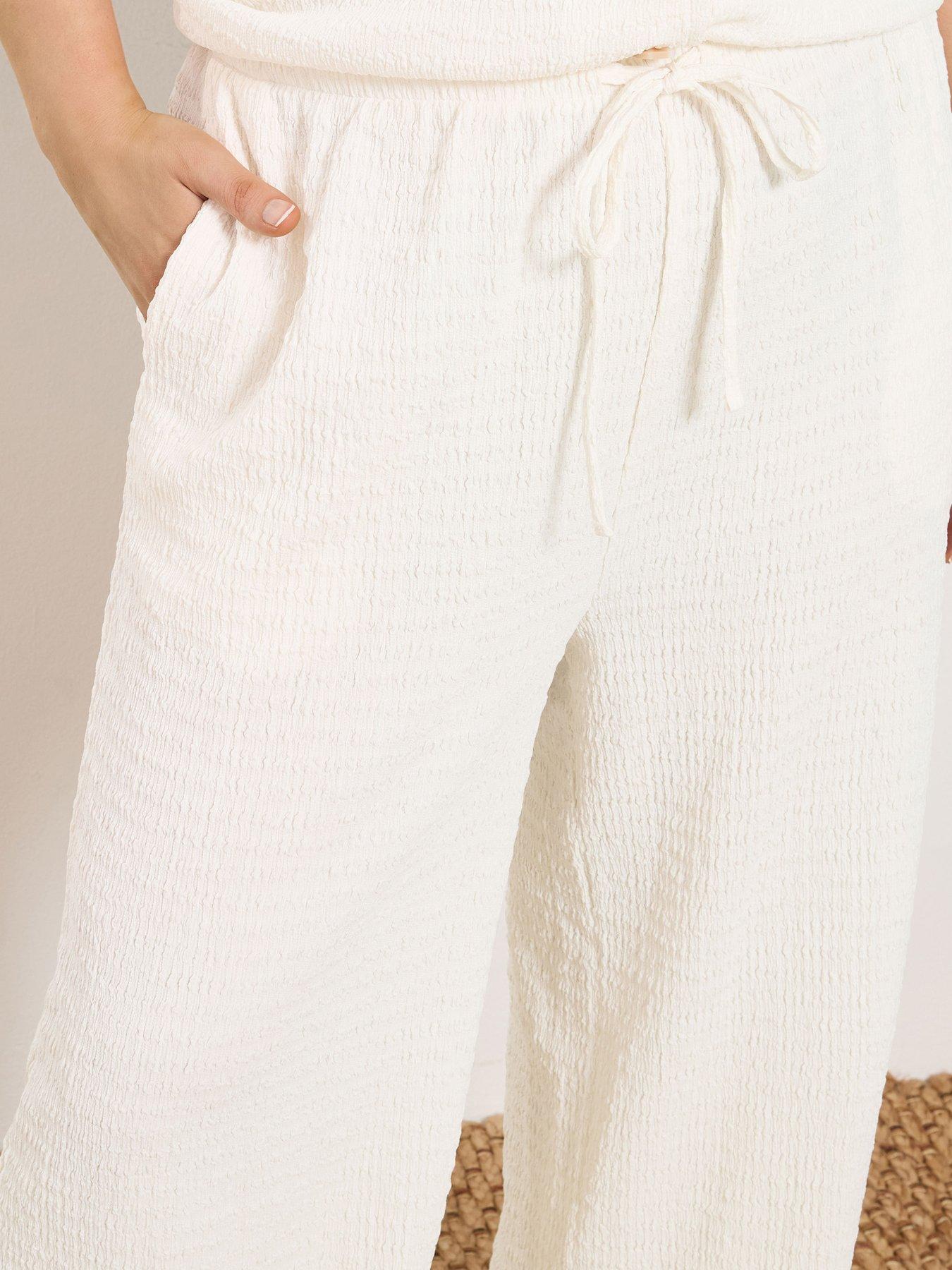 Image 4 of 4 of Yours Curve Wide Leg Textured Trousers - Cream