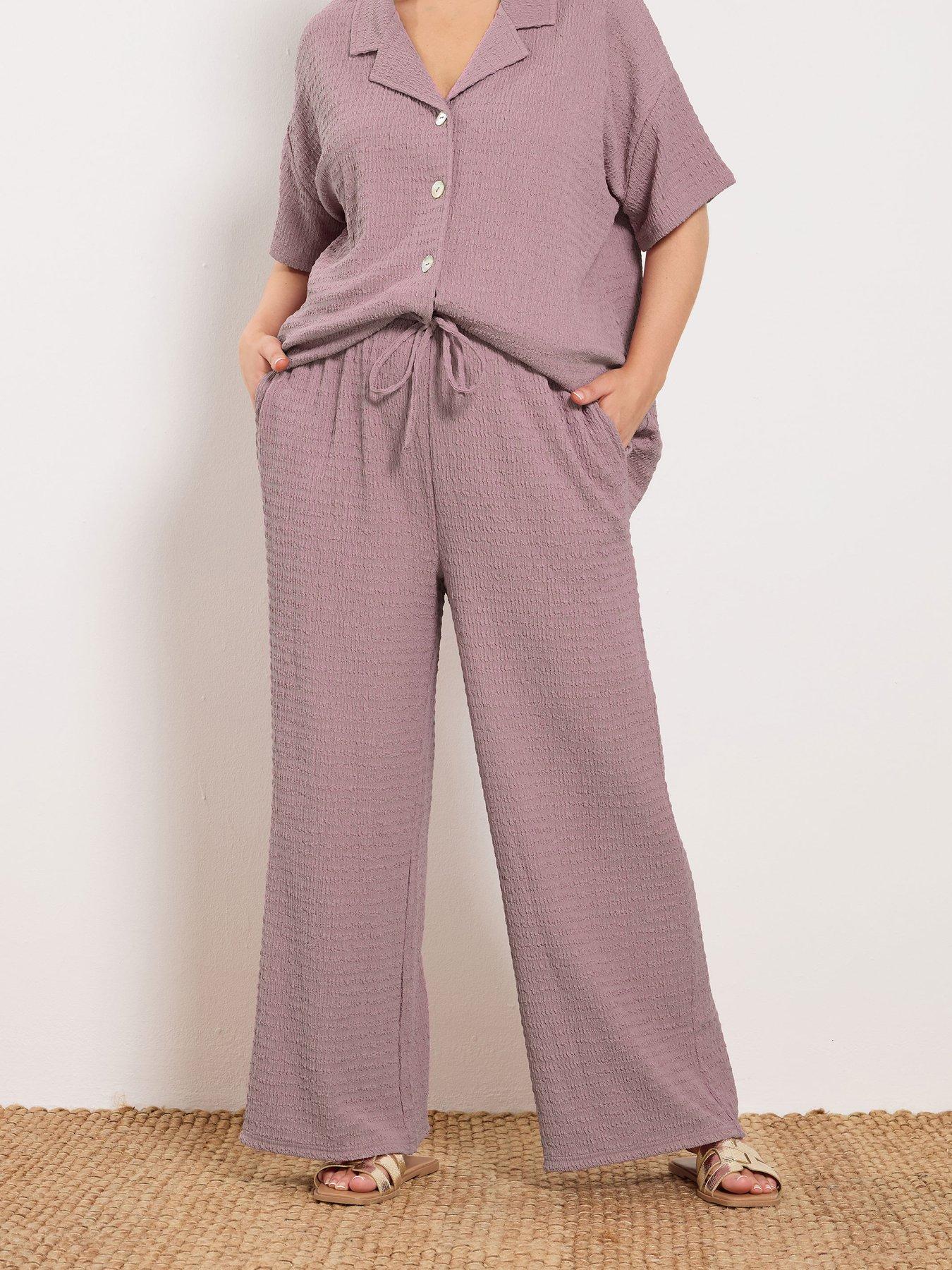 Yours Curve Wide Leg Textured Trousers - Pink