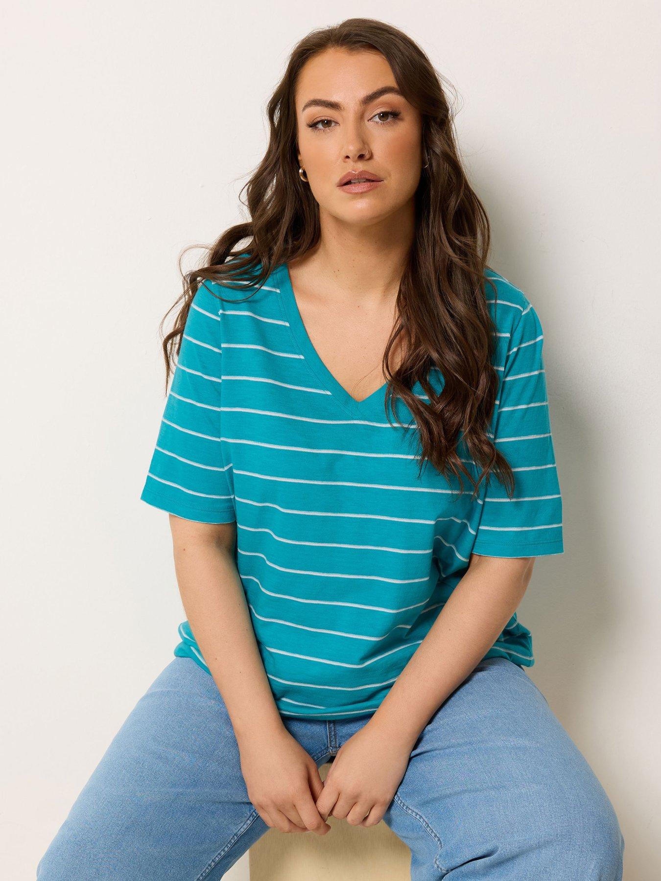 yours-curve-v-neck-stripe-t-shirt-bluefront