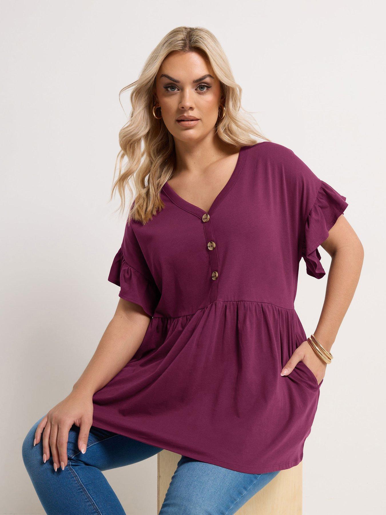 Image 1 of 5 of Yours Curve Frill Sleeve Button Peplum Top - Purple