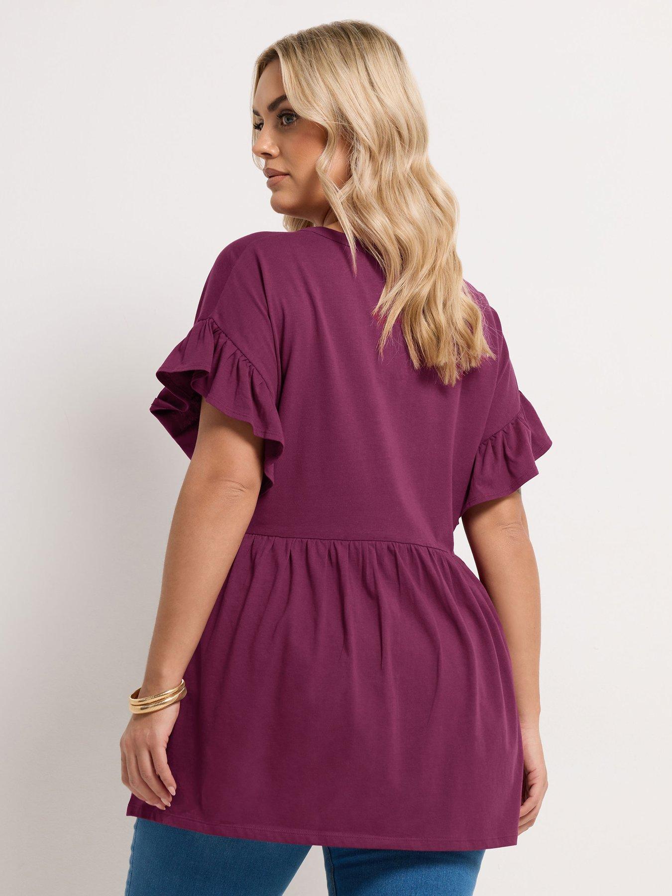 Image 2 of 5 of Yours Curve Frill Sleeve Button Peplum Top - Purple