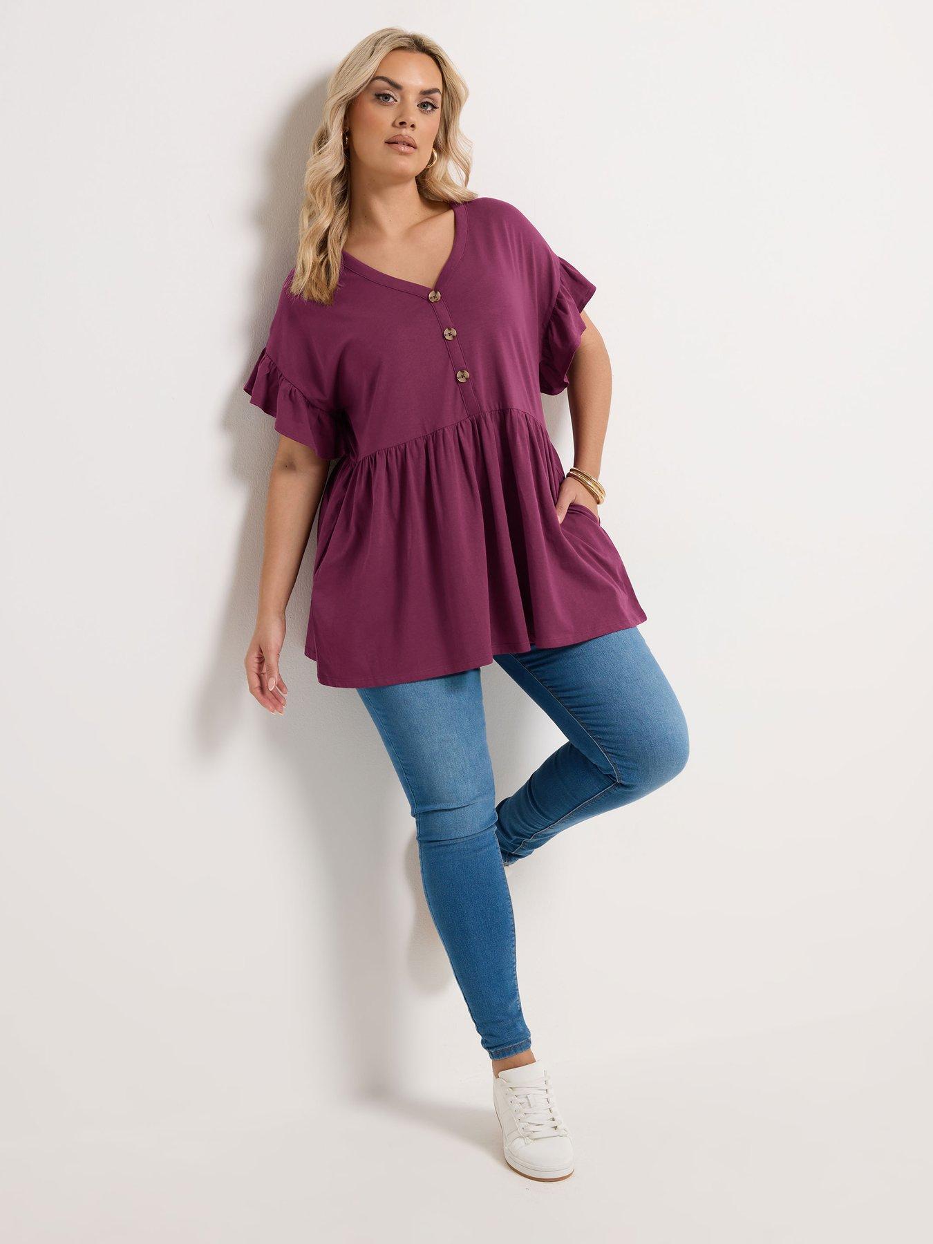 Image 3 of 5 of Yours Curve Frill Sleeve Button Peplum Top - Purple