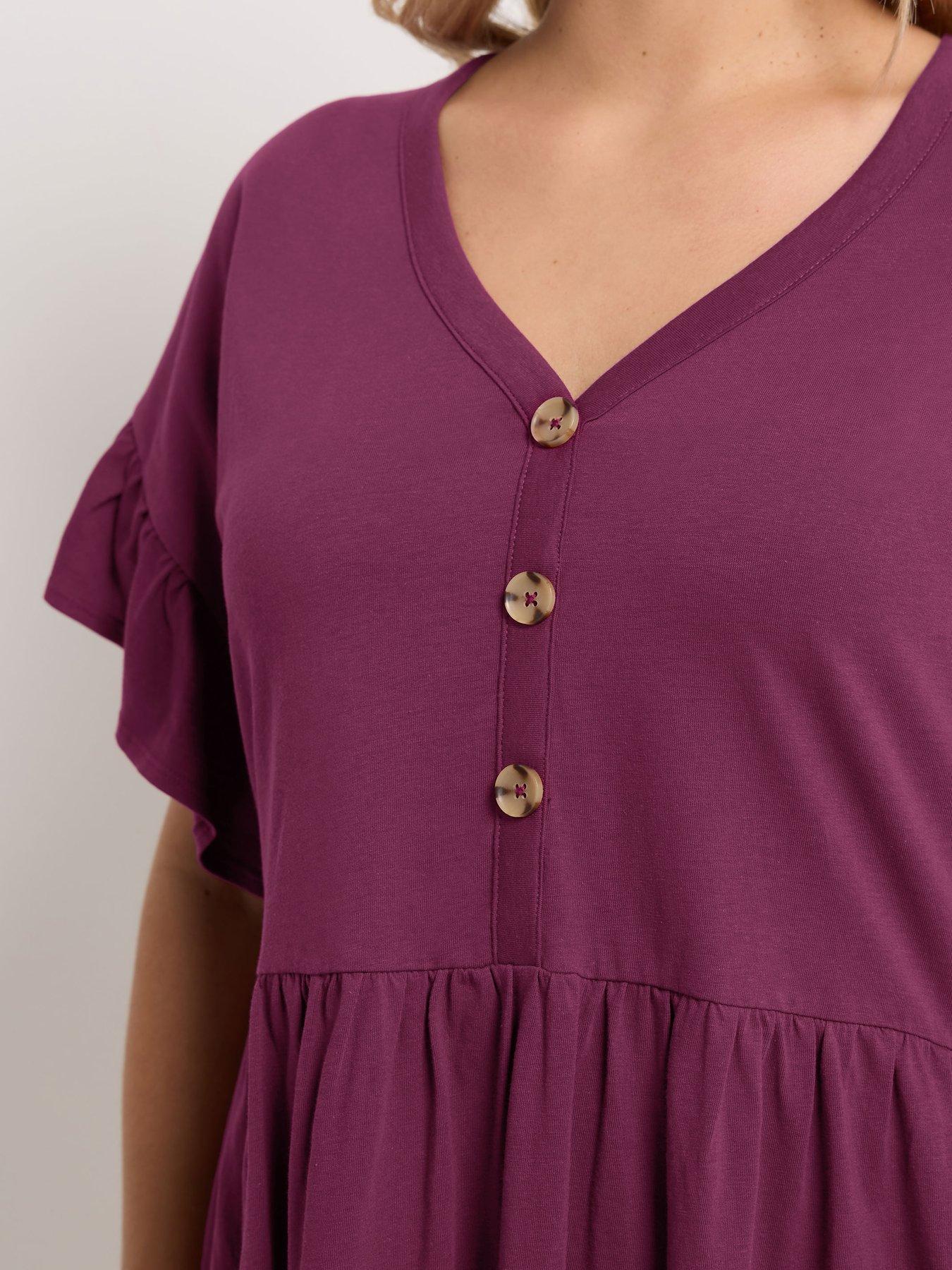 Image 4 of 5 of Yours Curve Frill Sleeve Button Peplum Top - Purple