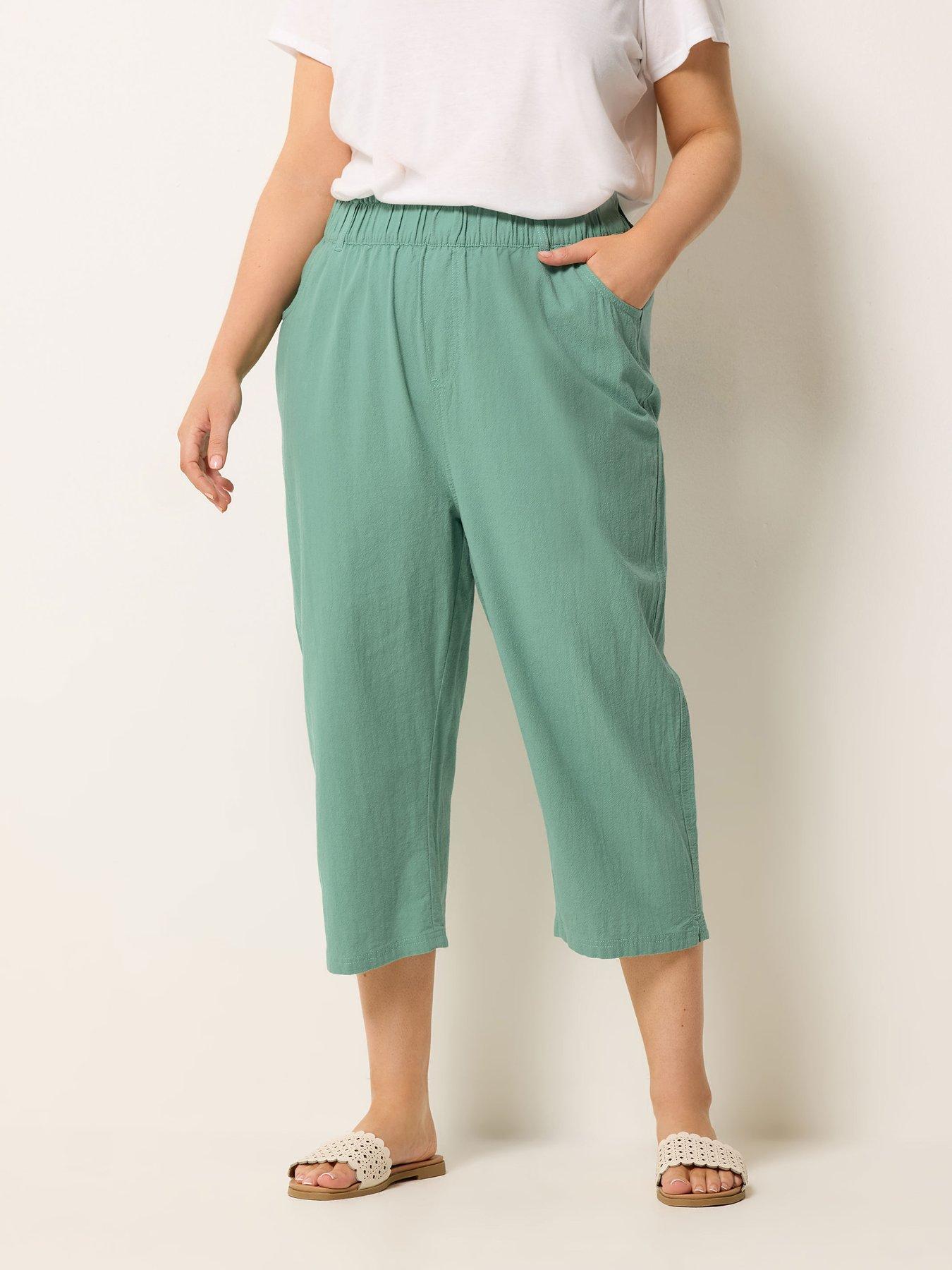 Image 1 of 4 of Yours Curve Cool Cotton Cropped Trouser - Green