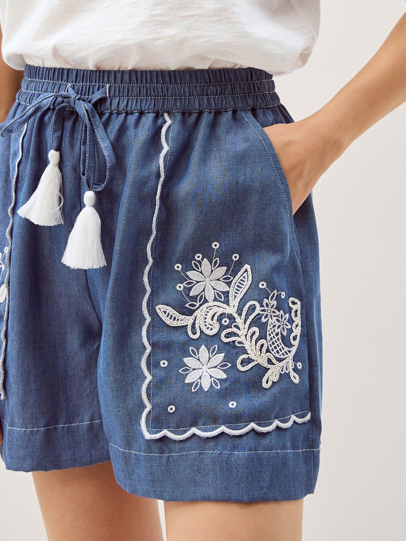 Image 4 of 5 of Monsoon Isla Embroidered Denim Shorts - Blue