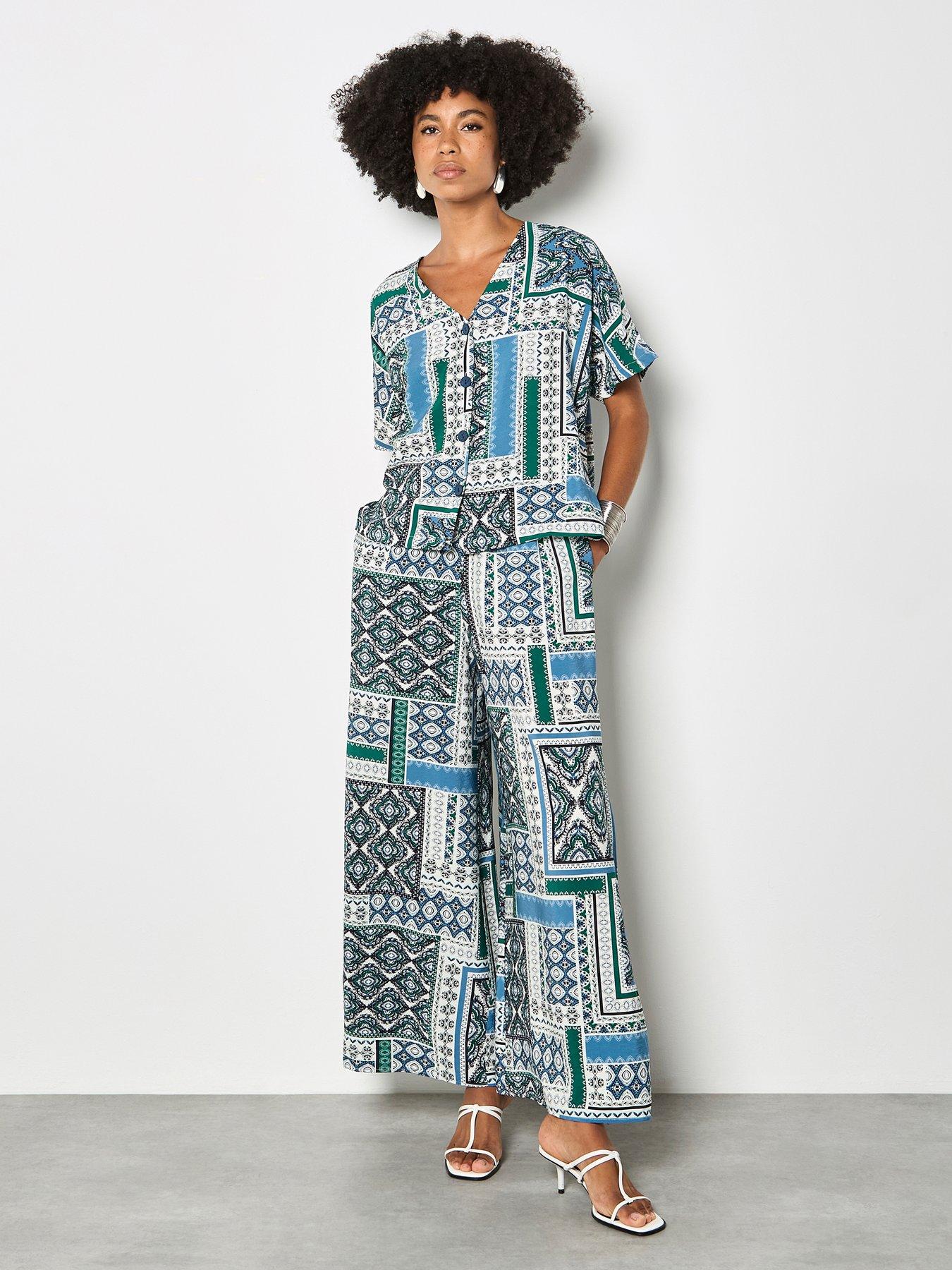 Image 1 of 6 of Apricot Apricot Scarf Print Side Split Trousers