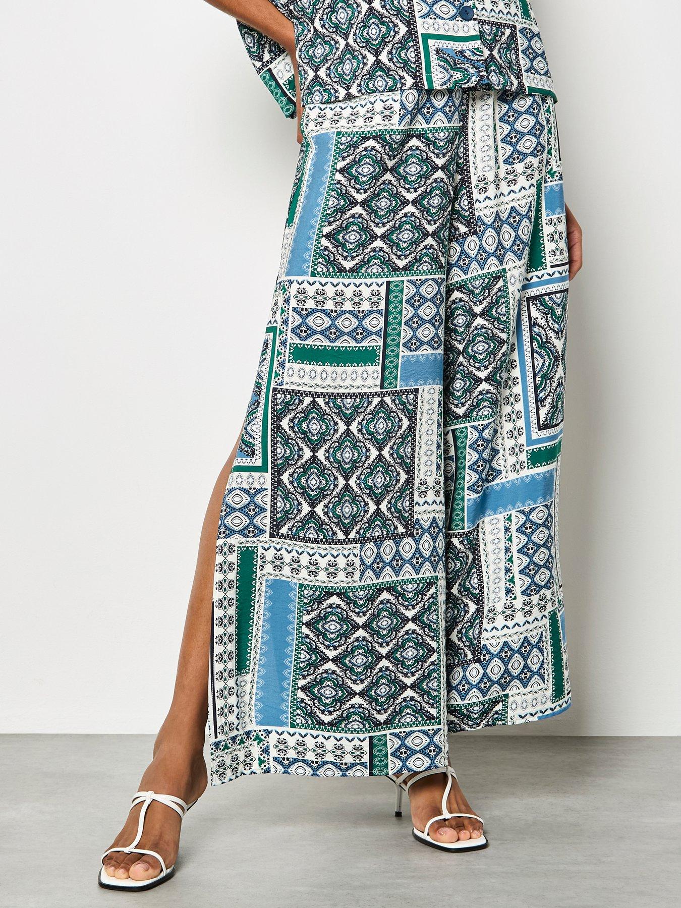 Image 4 of 6 of Apricot Apricot Scarf Print Side Split Trousers