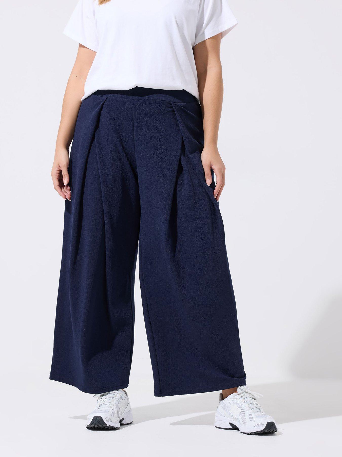 Yours Curve Pleat Wide Leg Trousers - Navy
