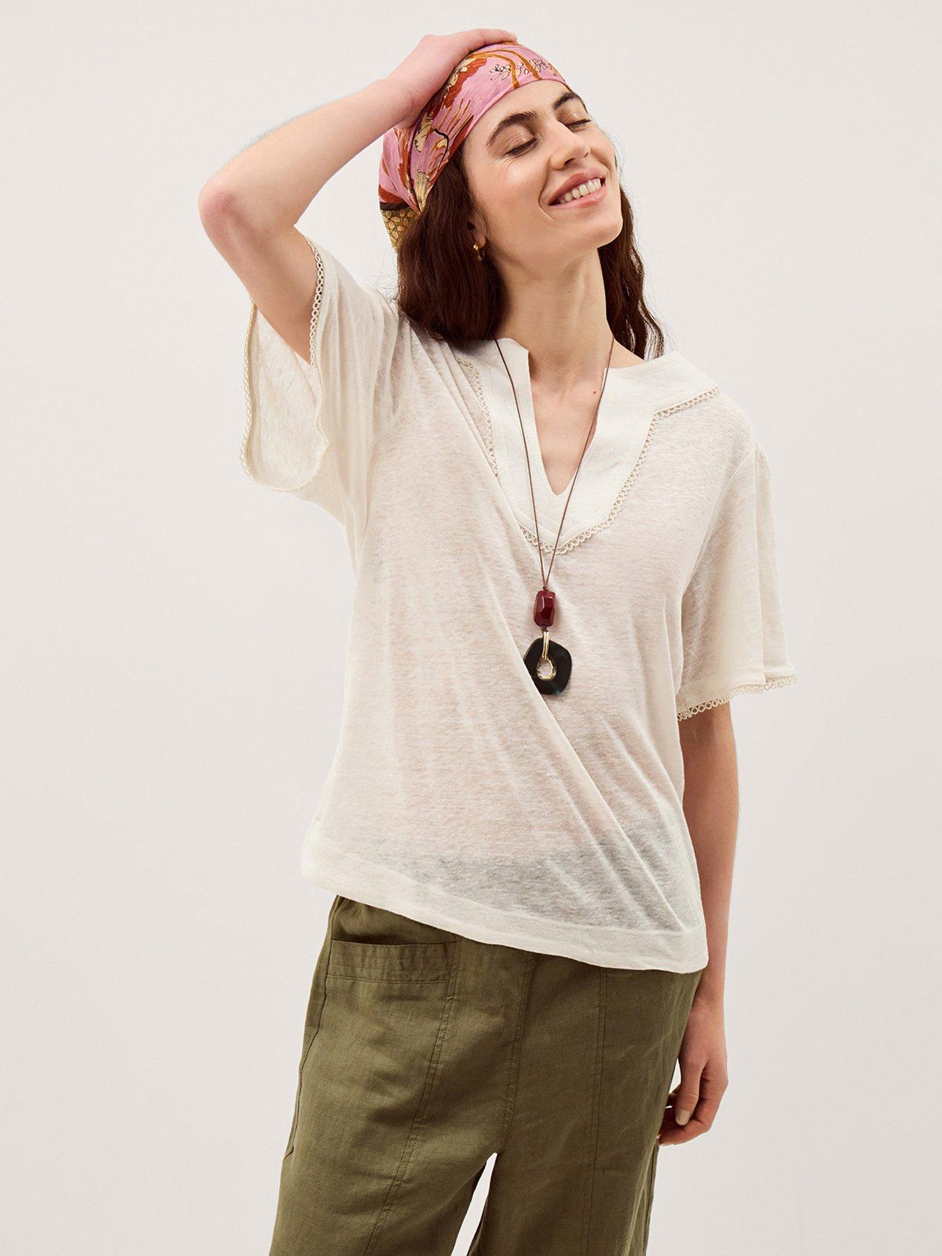 Image 1 of 4 of Monsoon Logan Linen T Shirt - White