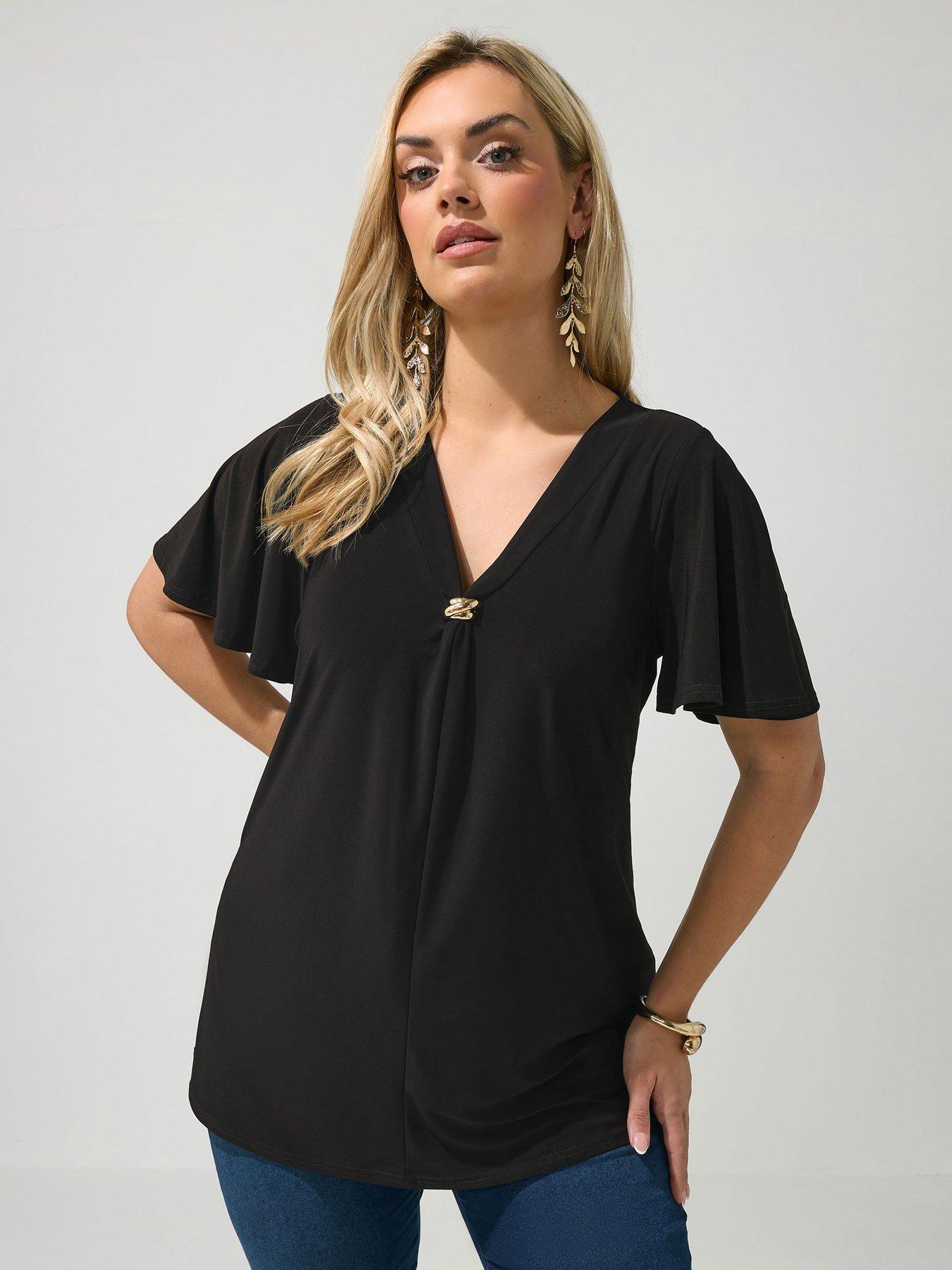 Yours Curve Buckle V-Neck Swing Top - Black