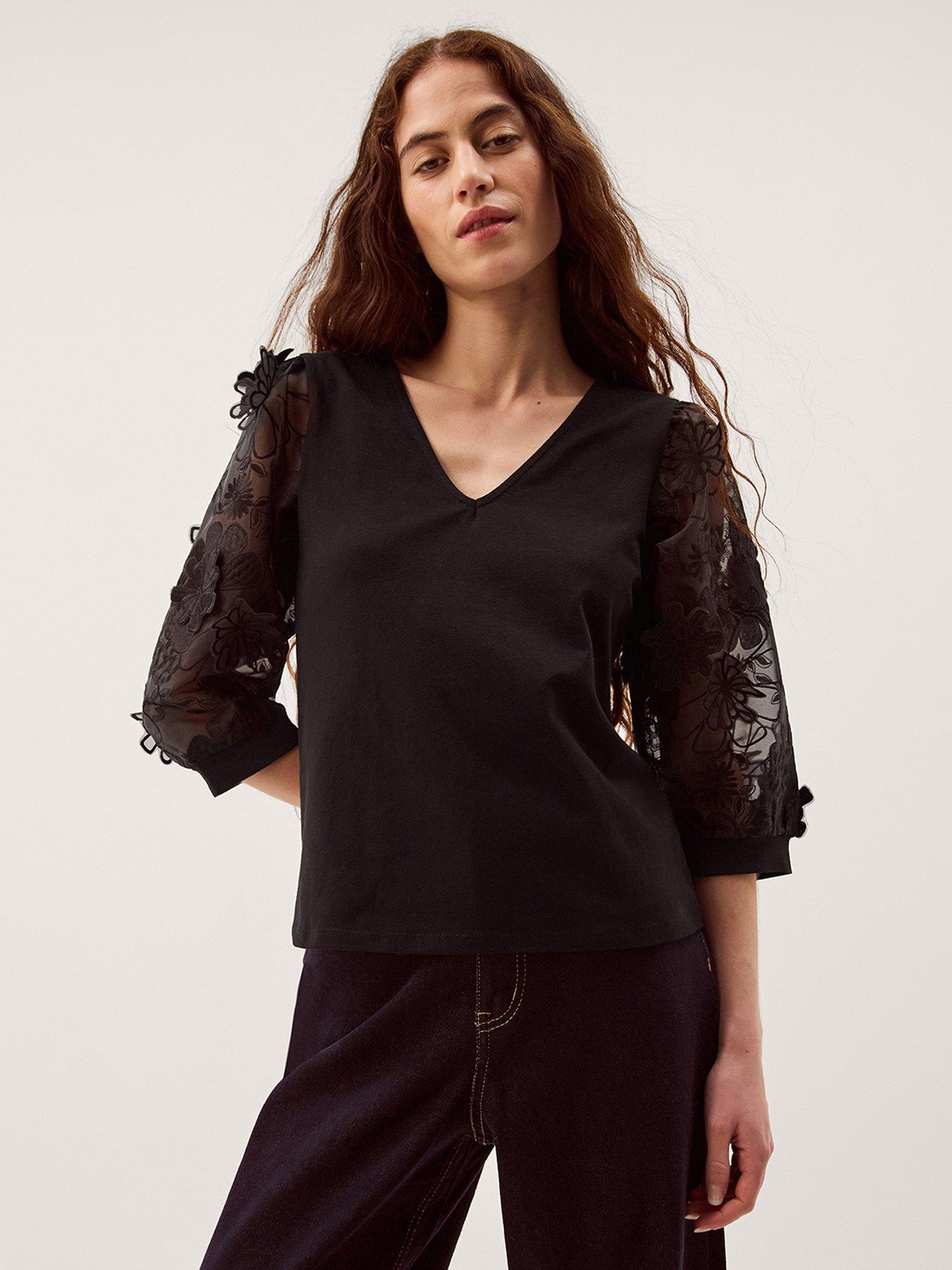 Monsoon Fi Floral Applique Jersey Top - Black