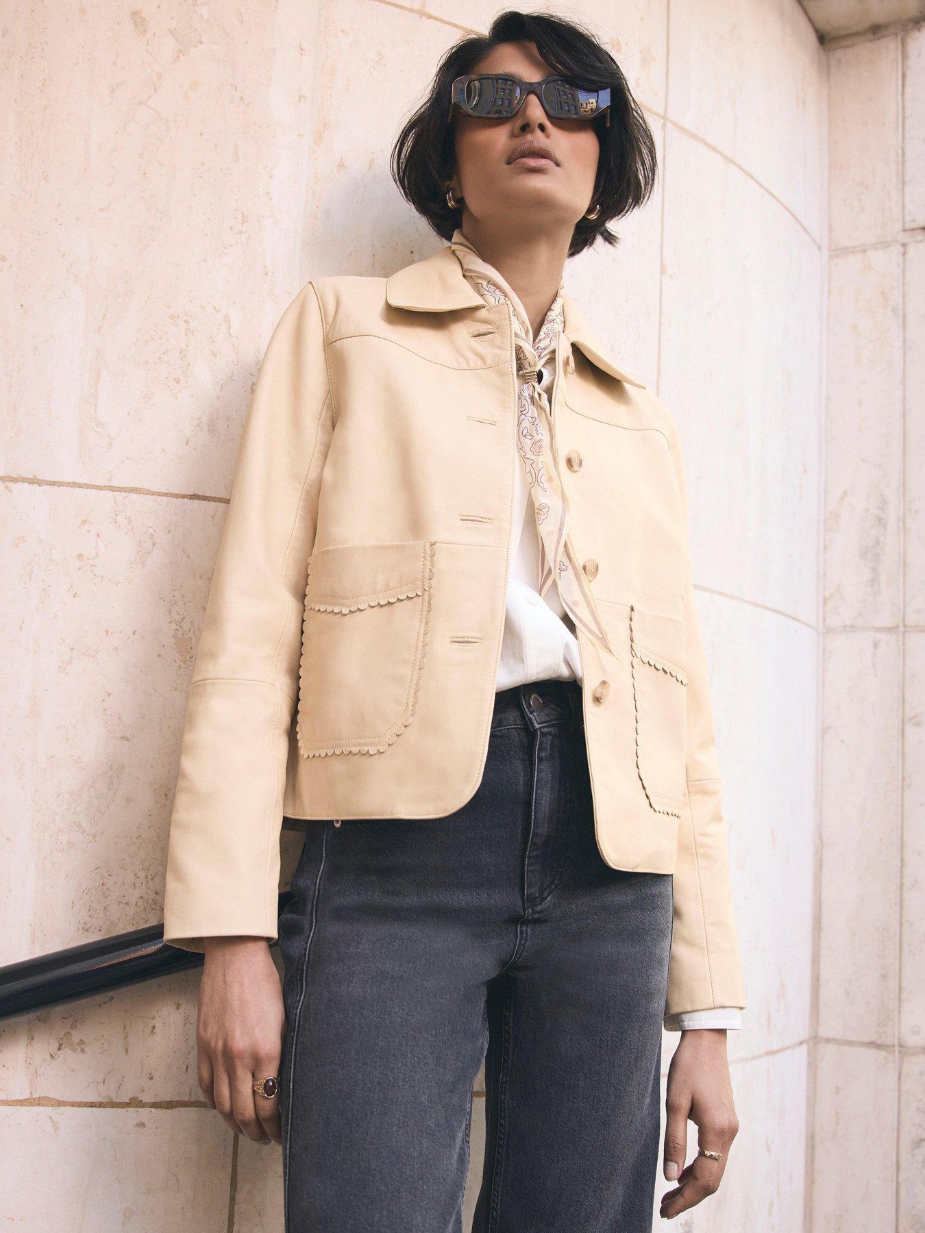 Mint Velvet Scallop Detail Leather Jacket - Butter Yellow