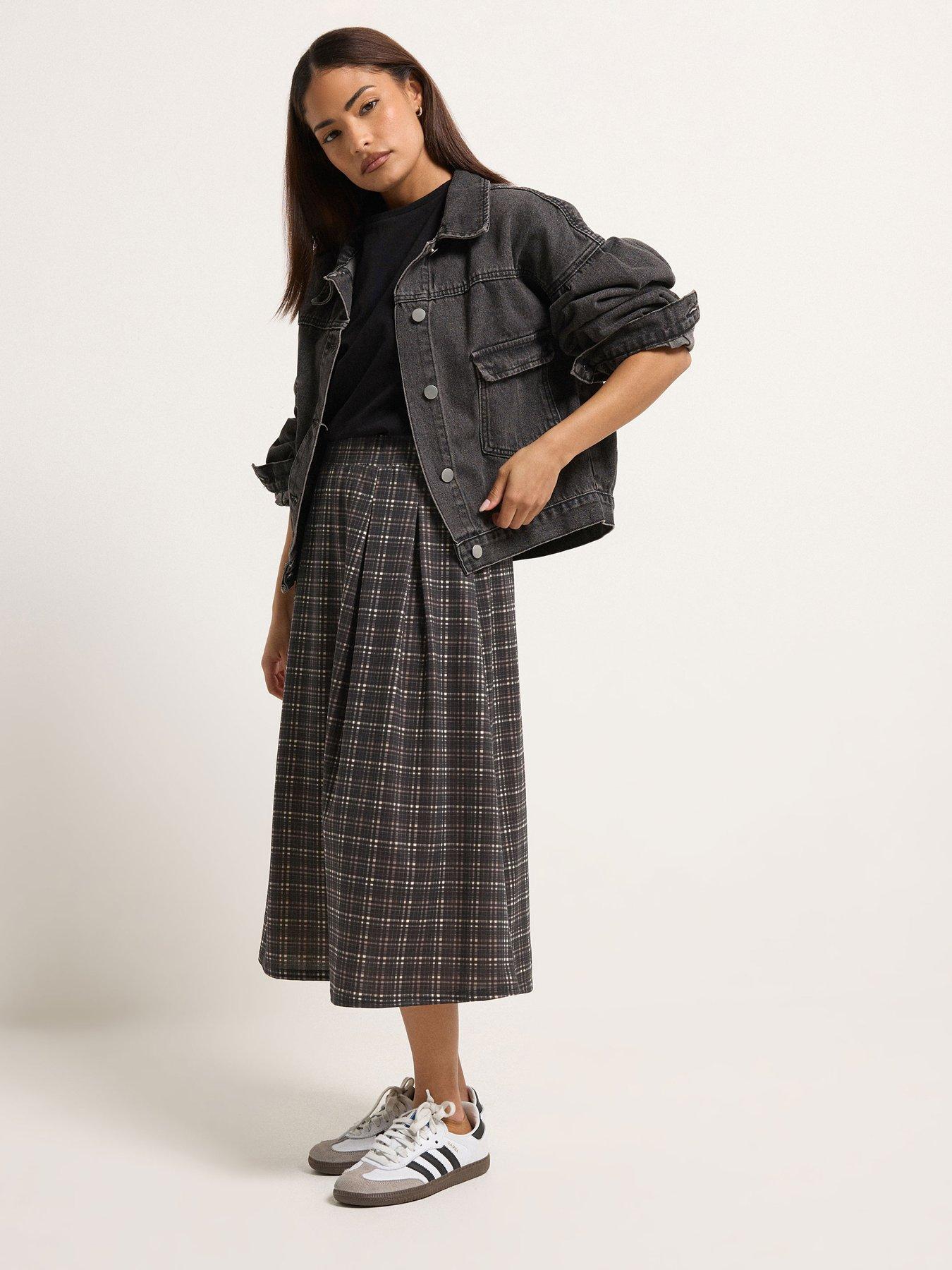 Image 3 of 5 of PixieGirl Petite Check Midi Skirt - Brown