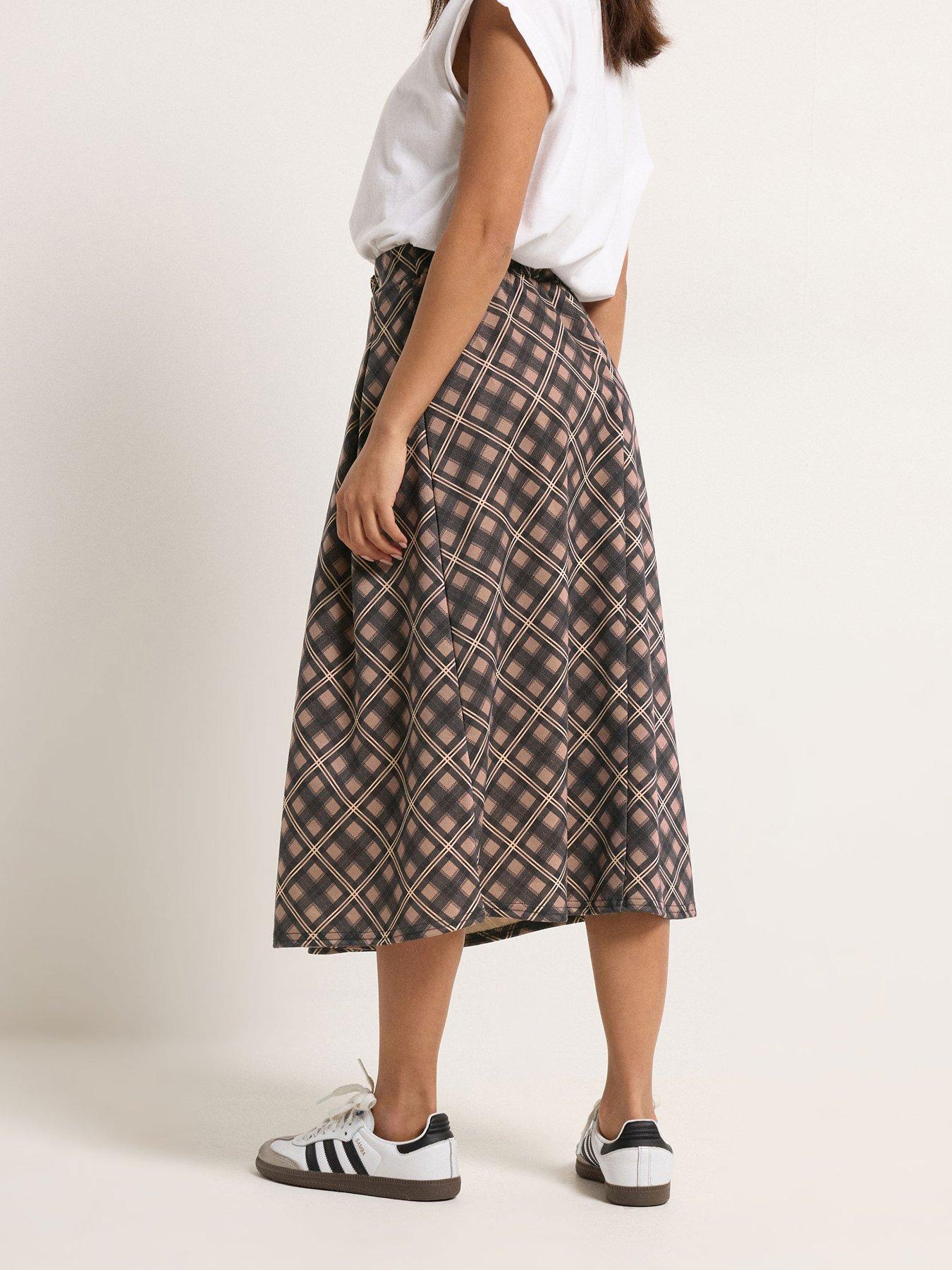 Image 2 of 5 of PixieGirl Petite Large Check Midi Skirt - Brown