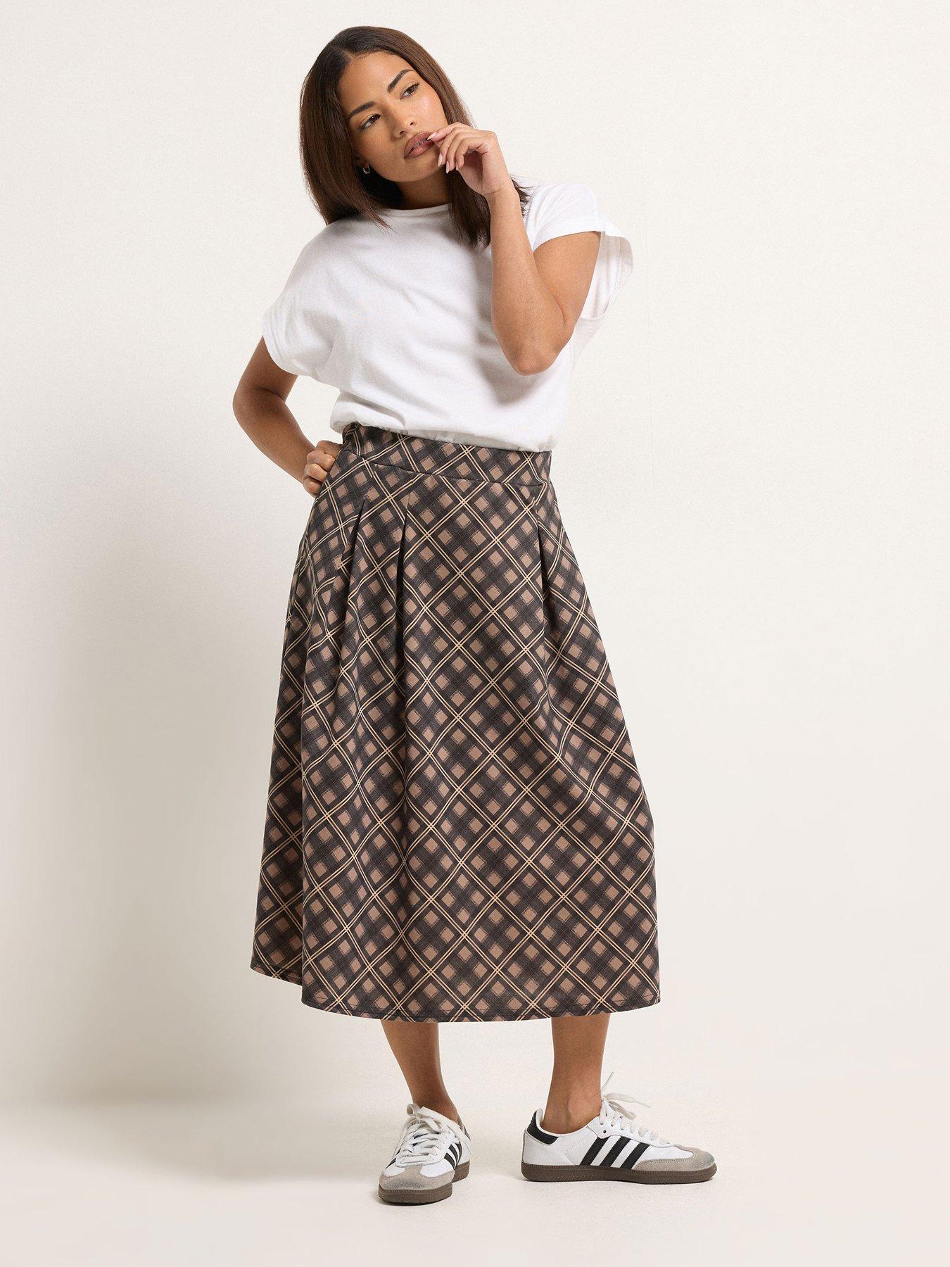 Image 3 of 5 of PixieGirl Petite Large Check Midi Skirt - Brown