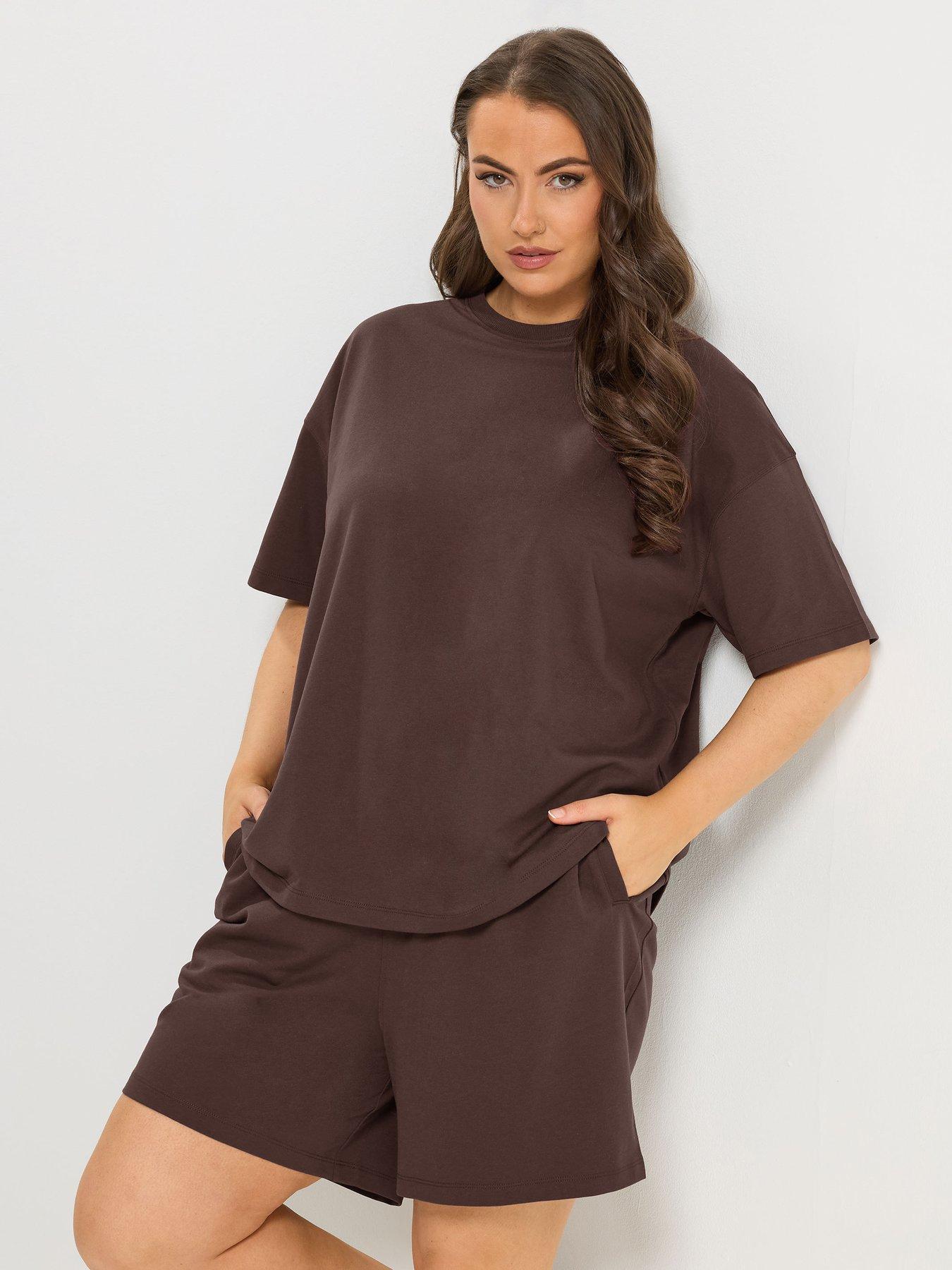 Yours Curve Shorts  &  T Shirt Co-Ord Sweat Set - Brown