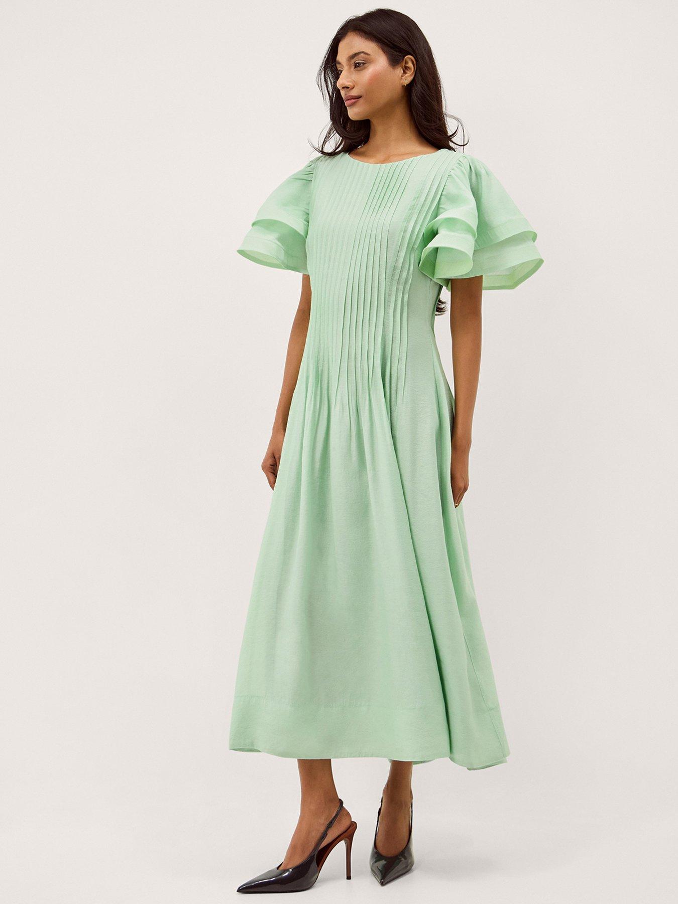Image 1 of 5 of Monsoon Pelia Pleated Midi Dress - Green