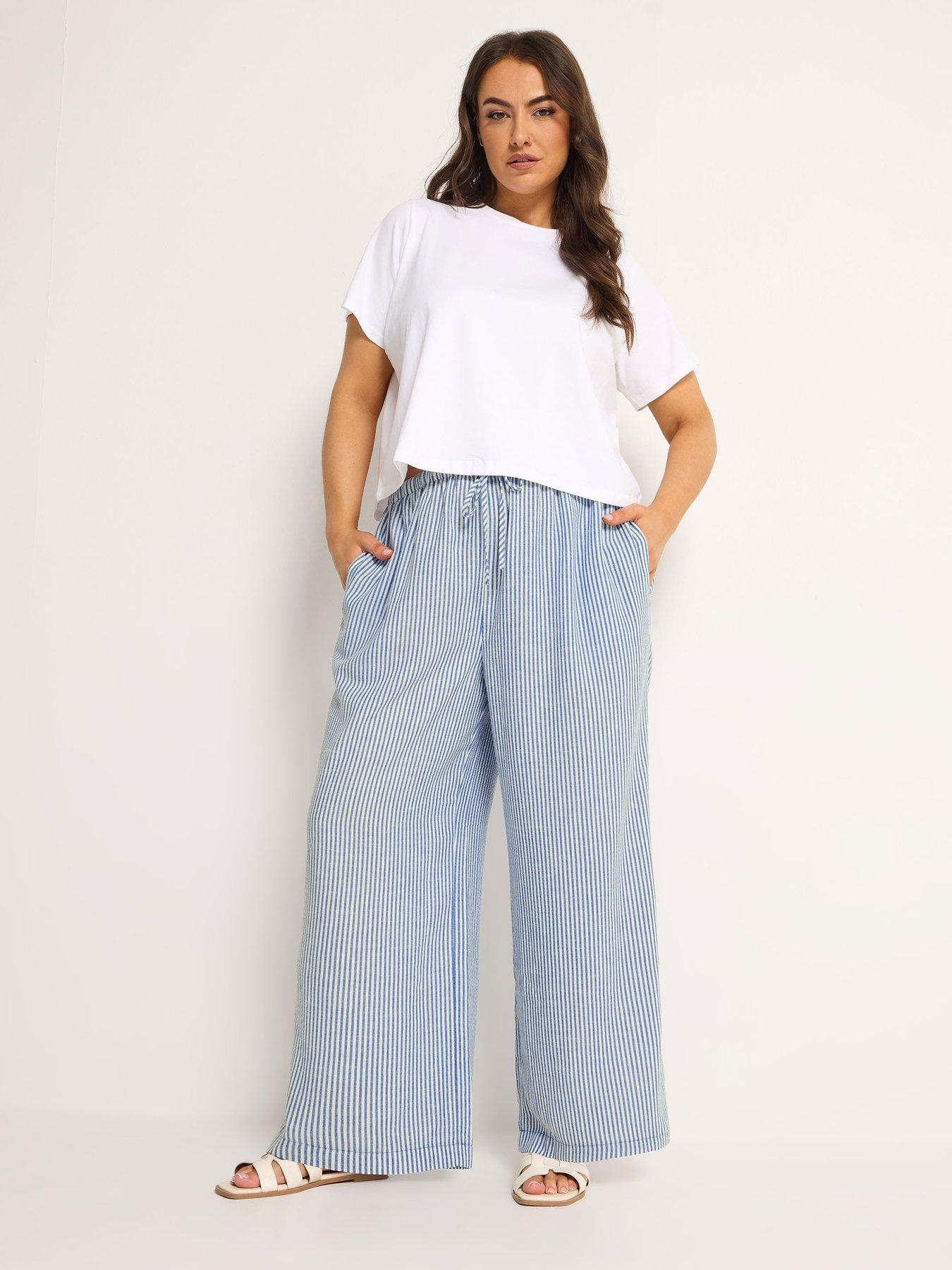 Yours Curve Linen Look  Wide Leg Trouser 30" - Blue