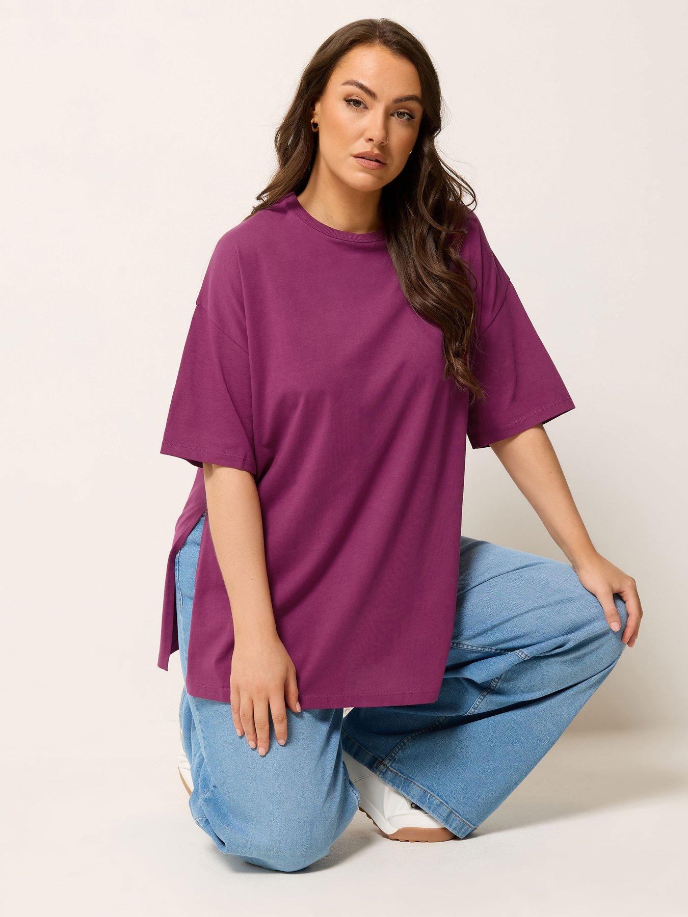 Image 1 of 5 of Yours Curve Relaxed Longline Side Split T-Shirt - Purple
