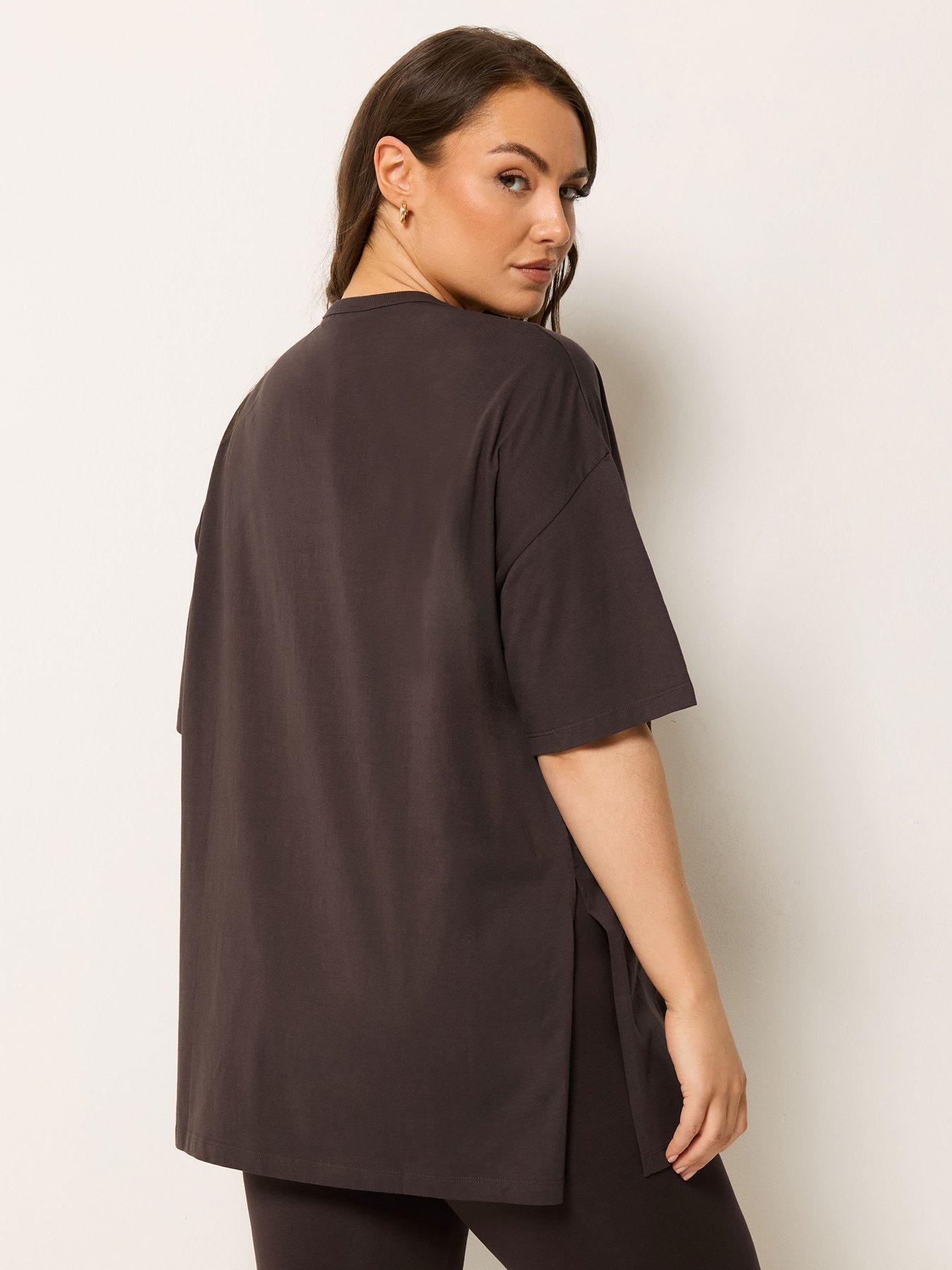 Image 2 of 5 of Yours Curve Relaxed Longline Side Split T-Shirt - Brown