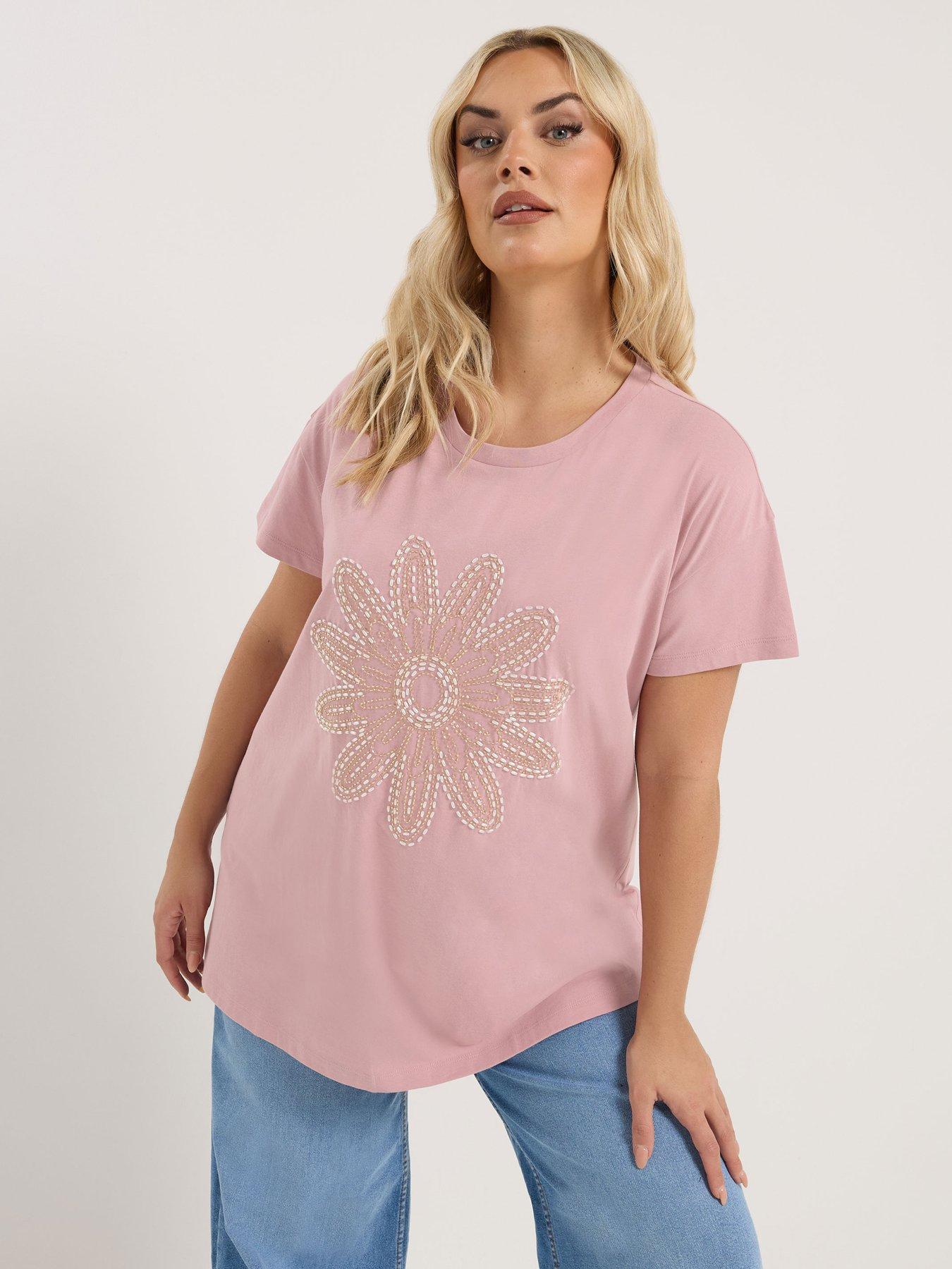 Image 1 of 5 of Yours Curve Placement Core T-Shirt - Pink