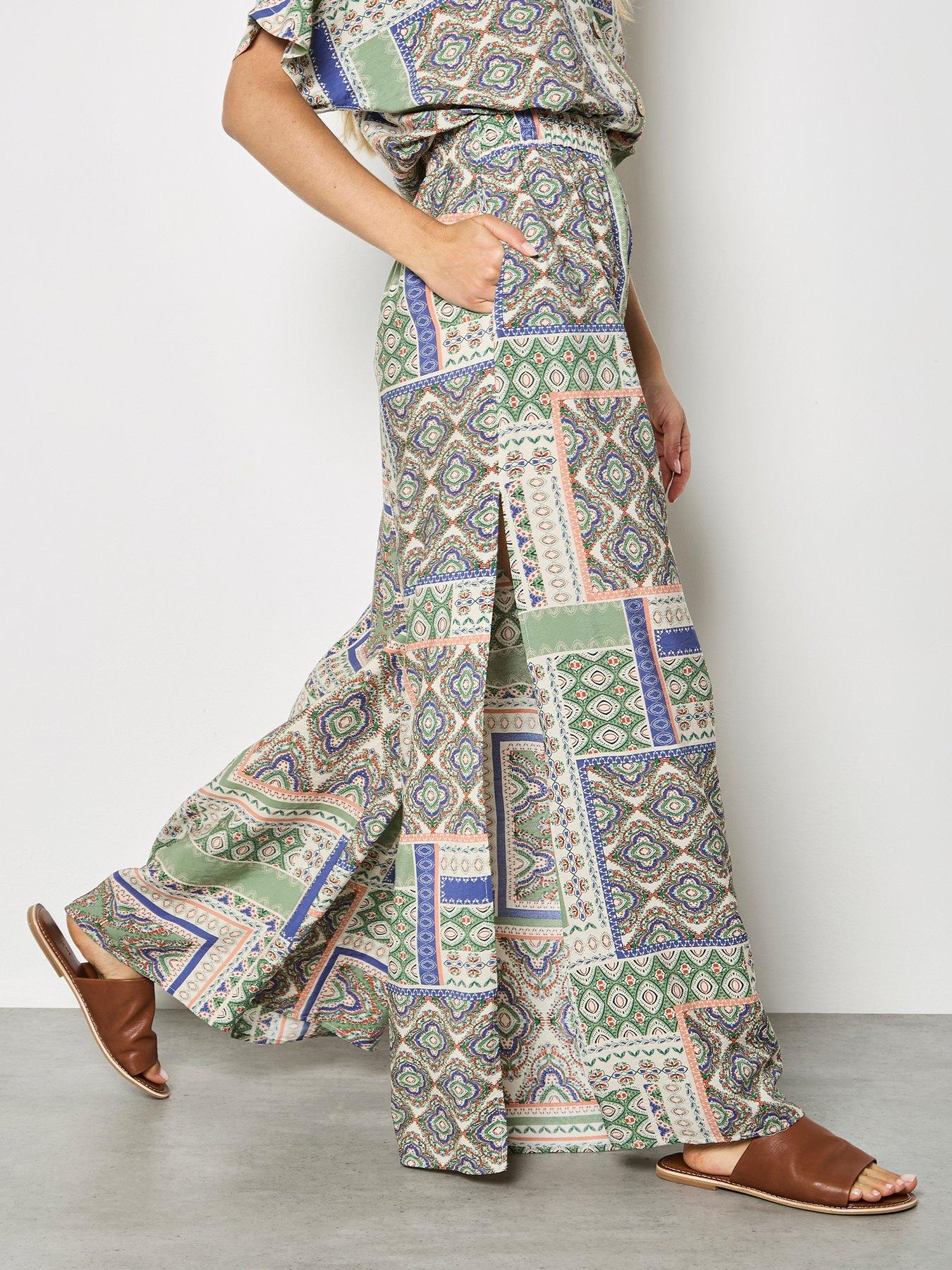 Image 3 of 5 of Apricot Apricot Scarf Print Side Split Trousers