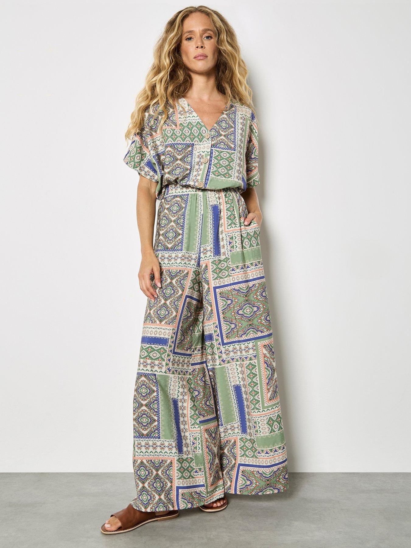 Image 4 of 5 of Apricot Apricot Scarf Print Side Split Trousers