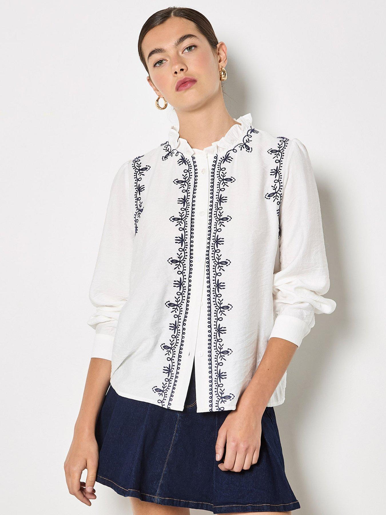 Image 1 of 5 of Apricot Apricot Ruffle Neck Embroidered Blouse