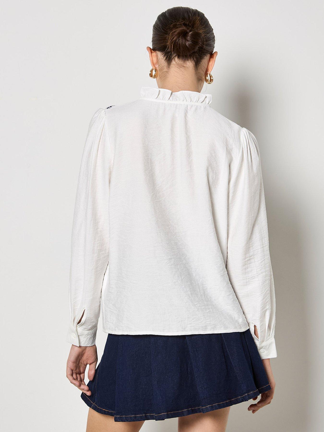 Image 2 of 5 of Apricot Apricot Ruffle Neck Embroidered Blouse