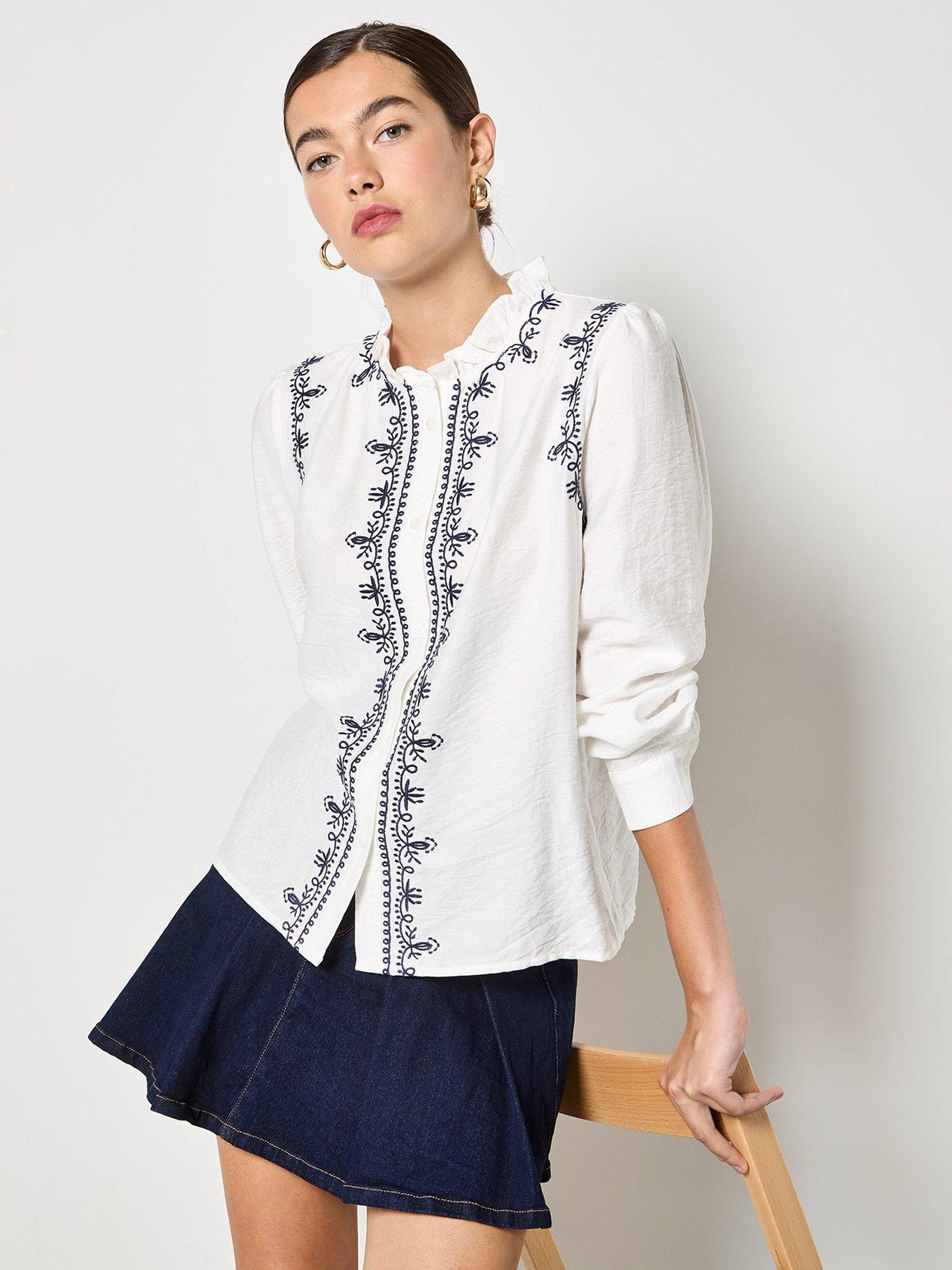 Image 5 of 5 of Apricot Apricot Ruffle Neck Embroidered Blouse