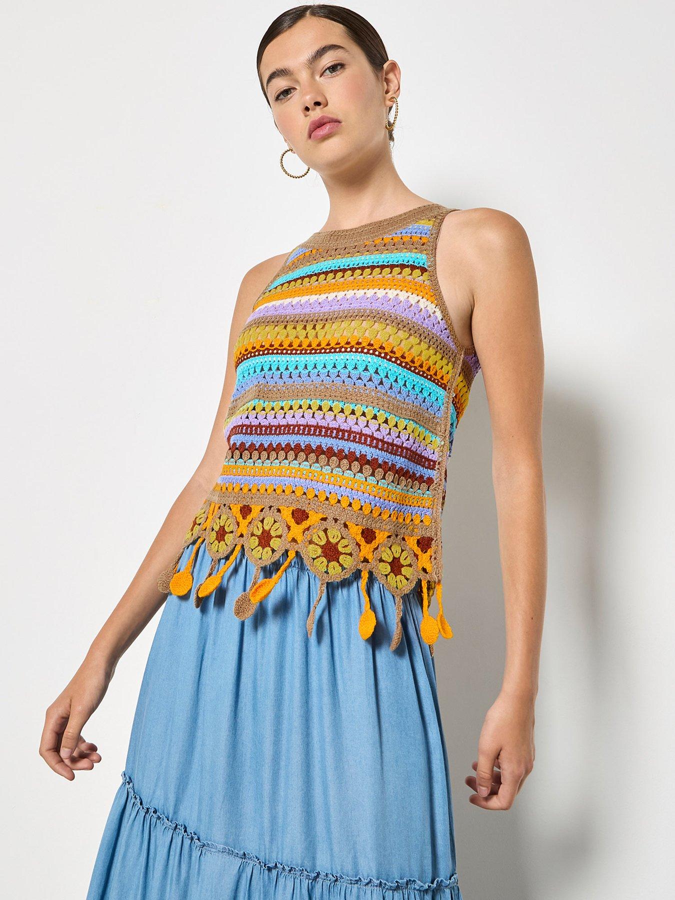 Apricot Apricot Multi Stripe Tassle Crochet Top